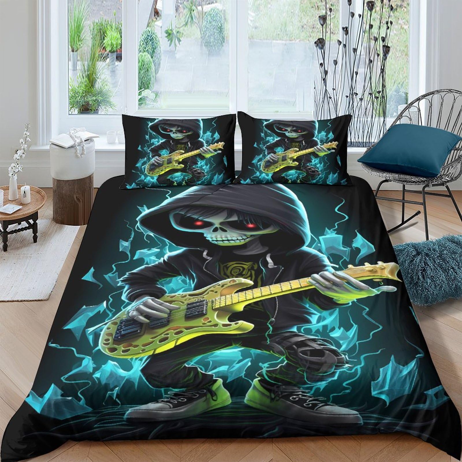 Ctjqhvkz Style-5 3D Printed Grim Reaper Fitted Sheet Microfiber Soft Gothic Skeleton Guitar Bed Cover For Bedroom Dorm Decor Single（135X200cm）