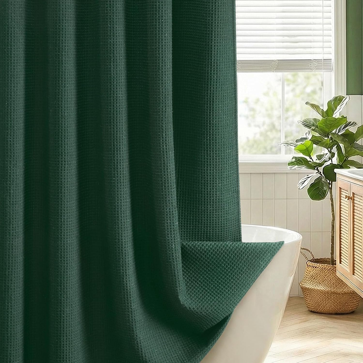 Linen Waffle Weave Shower Curtain Dark Green Shower Curtains for Bathroom 72" W x 72" L