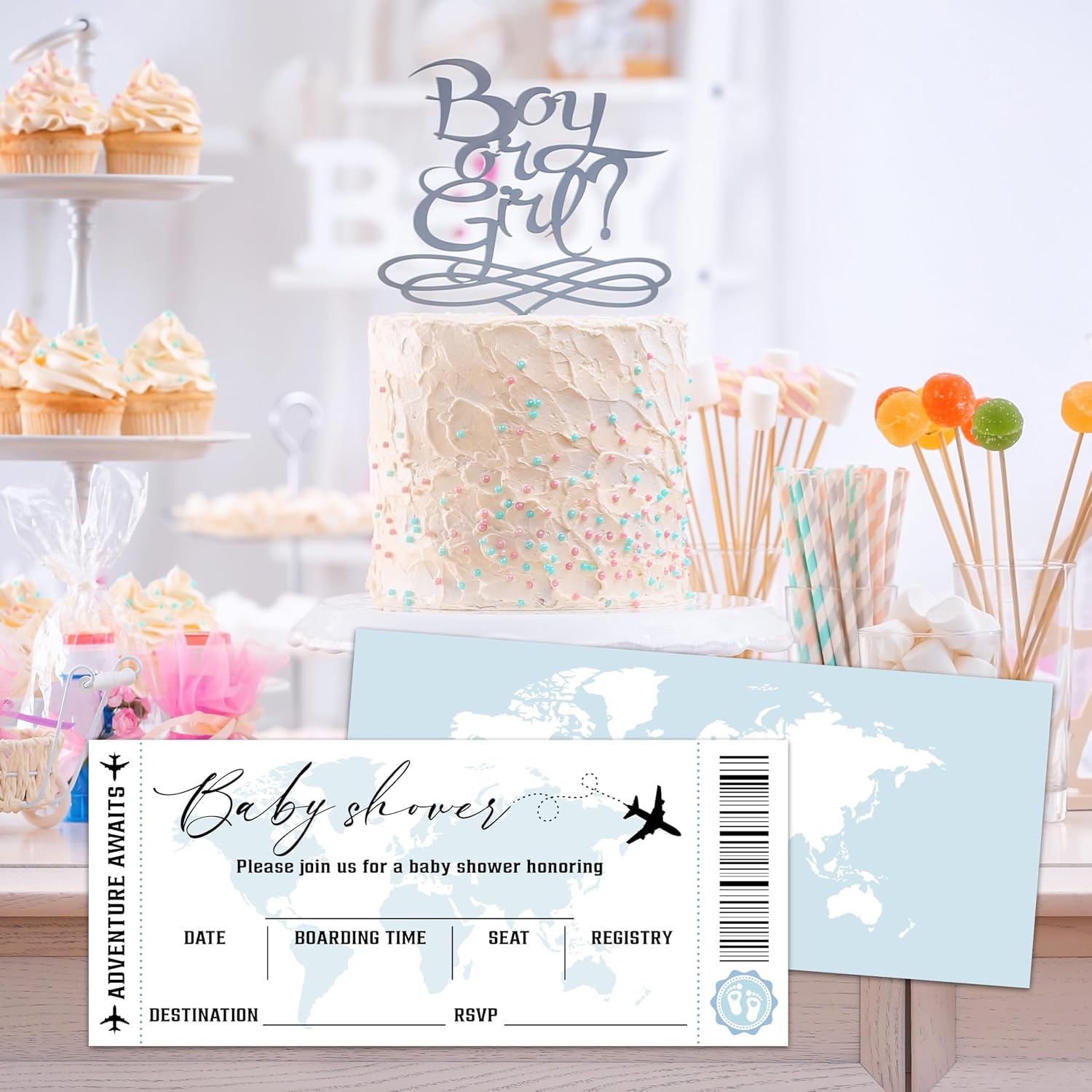 Adventure Awaits Baby Shower Invitations - 25 Travel Theme Boarding Pass Invites with Envelopes, Party Decorations Supplies Favors -11