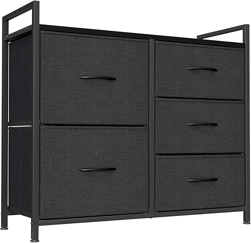 BANTI Cómoda para dormitorio con 5 cajones de contenedores de tela fáciles de tirar, torre de almacenamiento de cómoda ancha, unidad organizadora