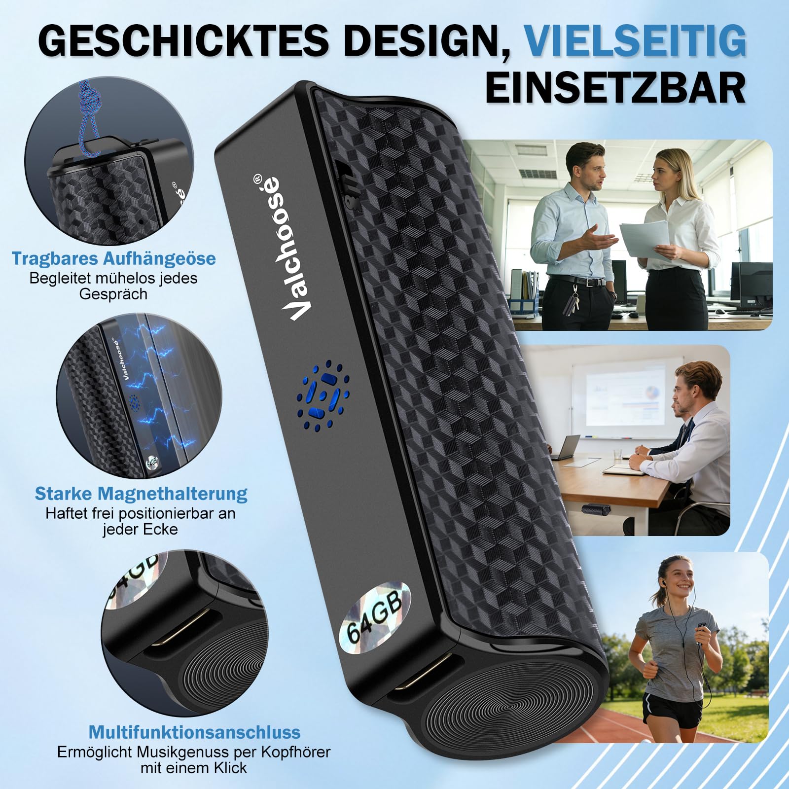 Valchoose 64 GB Digitales Diktiergerät & Aufnahmegerät mit Abhörgerät-Funktion, One-Touch-Aufnahme, Magnetfunktion für Meetings & Interviews