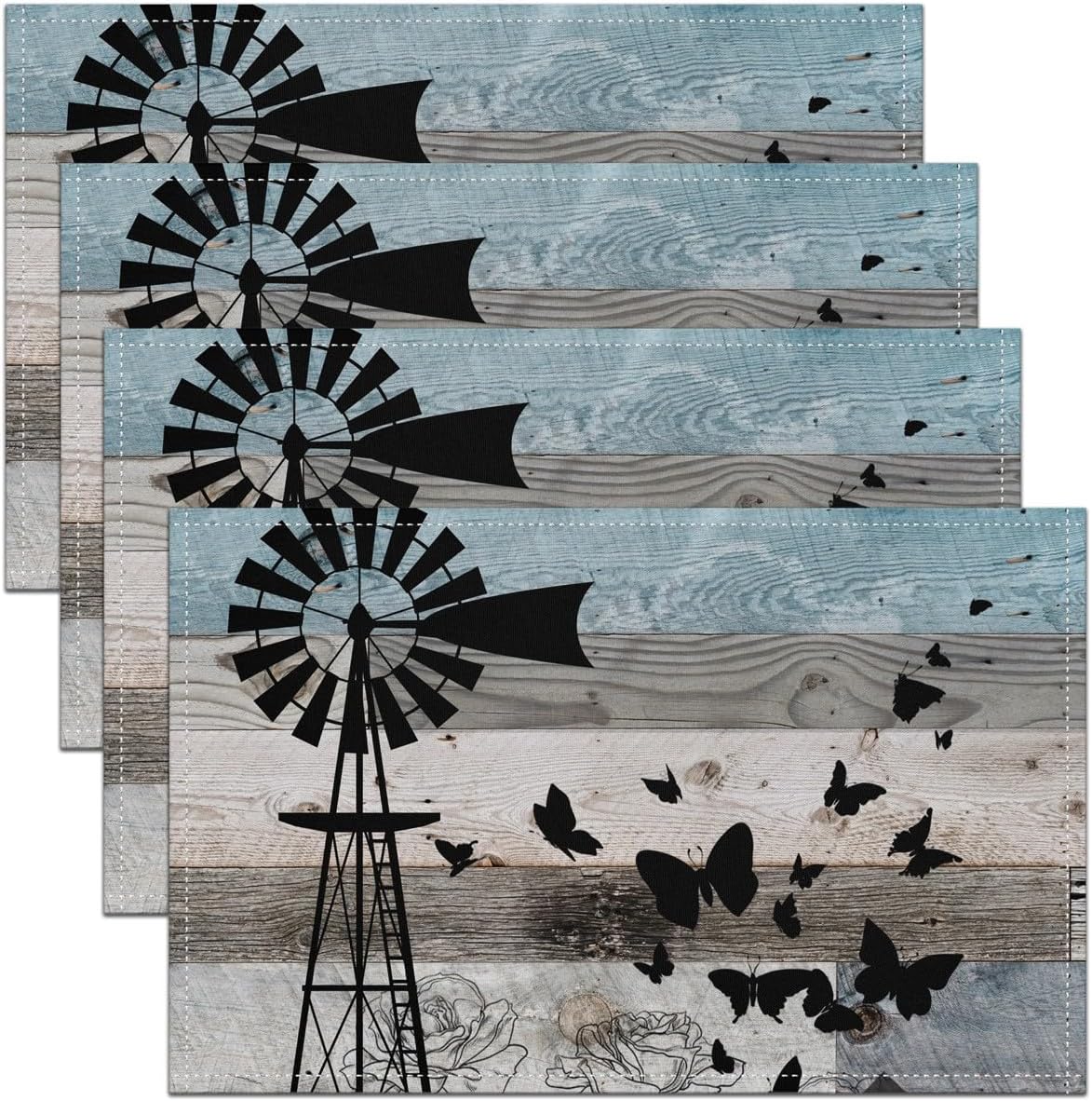 Windmill Decor Farmhouse Place Mats Pinwheel Winnow Placemats 12x18 inch set of 4,Butterfly Farm Truck Table Mats Vintage Rustic Wood Plank Meal Mats for Dining Room Non Slip