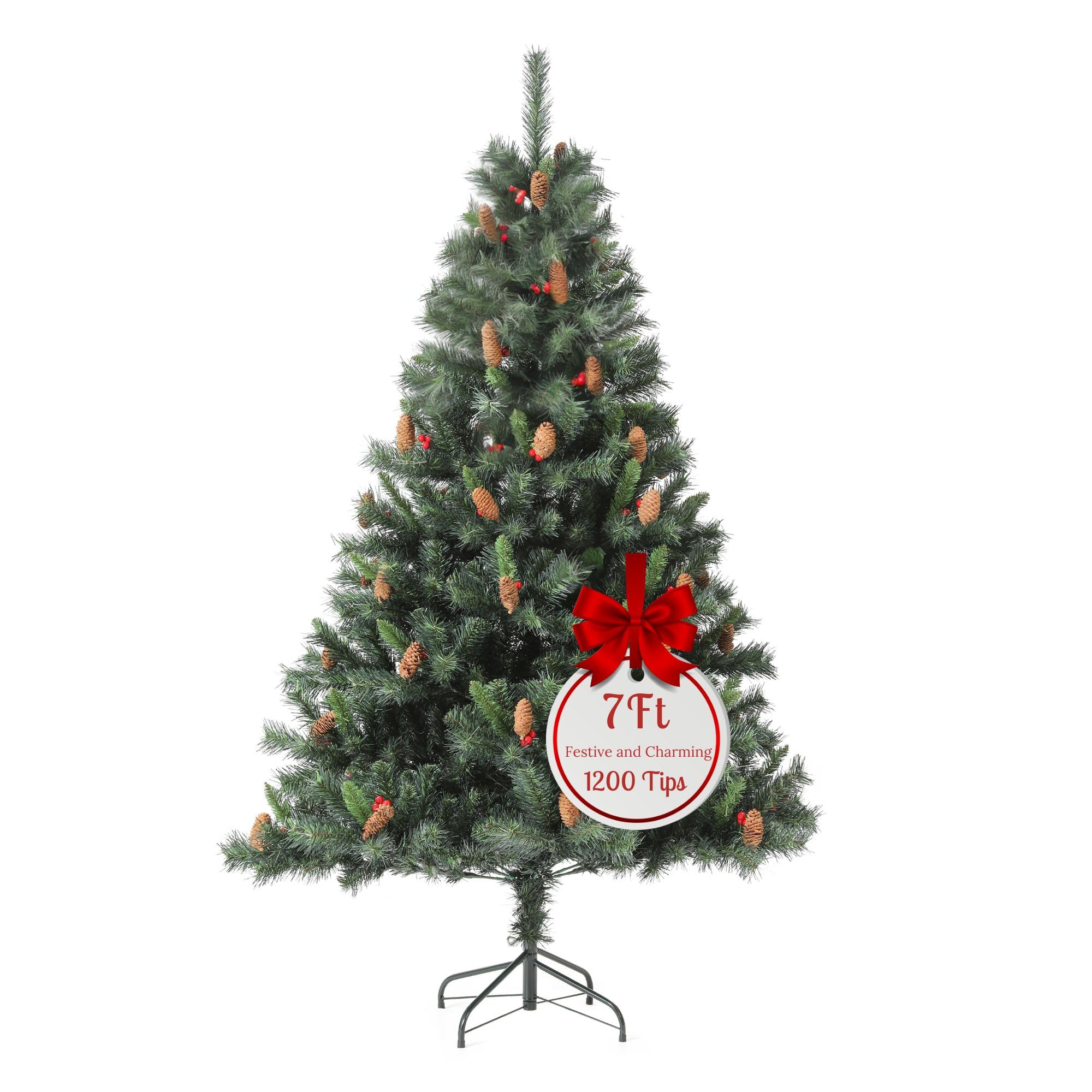 EVRE 7FT Artificial Christmas Tree Green 1200 Tips Pine Cones & Red Berries Metal Stand Easy Assembly Realistic Branches Fir Christmas Tree 7FT 210cm Large Xmas Tree Indoor Outdoor Holiday Decorations
