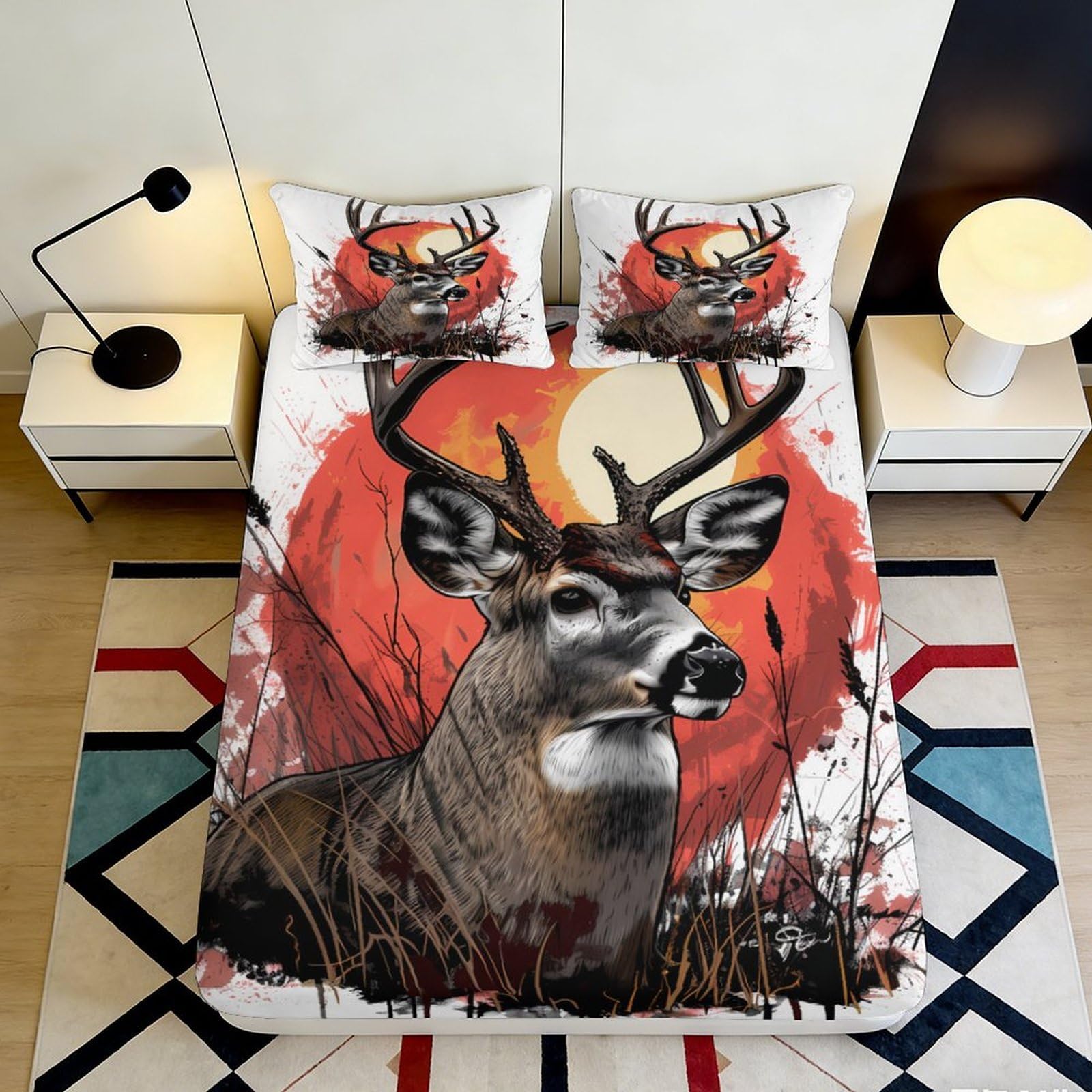 3D Printed Deer Forest Fitted Sheet Microfiber Soft Breathable Sunrise Red Bed Cover for Bedroom Dorm Mattress Protection Decor 90x200x25cm