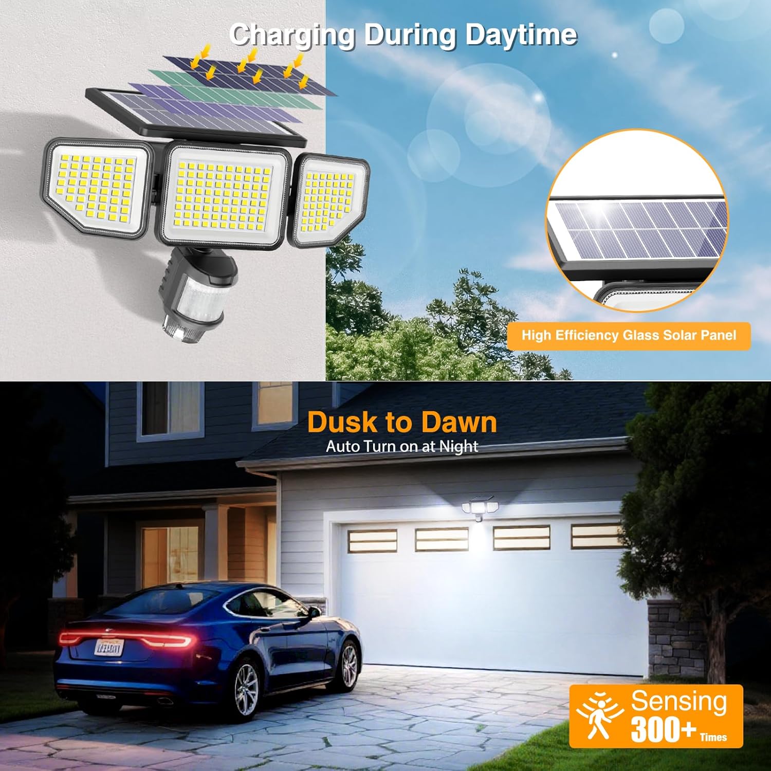 Onforu Solar Lights Outdoor, 3 Heads Security Lights with Remote Control & Night Light, IP65 Waterproof Motion Sensor Lights, 3 Modes, Flood Lights for Wall, Porch, Yard, Outside, 2 Pack