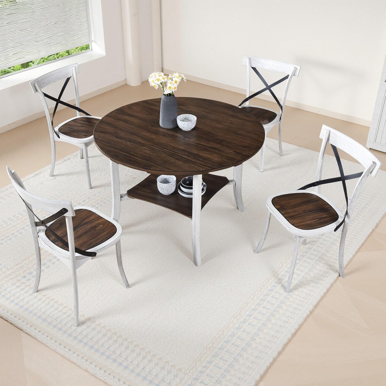 5-Piece Round Dining Set with Storage Shelf, Two-Tone Antique White & Walnut Finish, Farmhouse Kitchen Table and 4 High-Back X-Back Chairs, Space-Saving Dining Furniture for Small Spaces