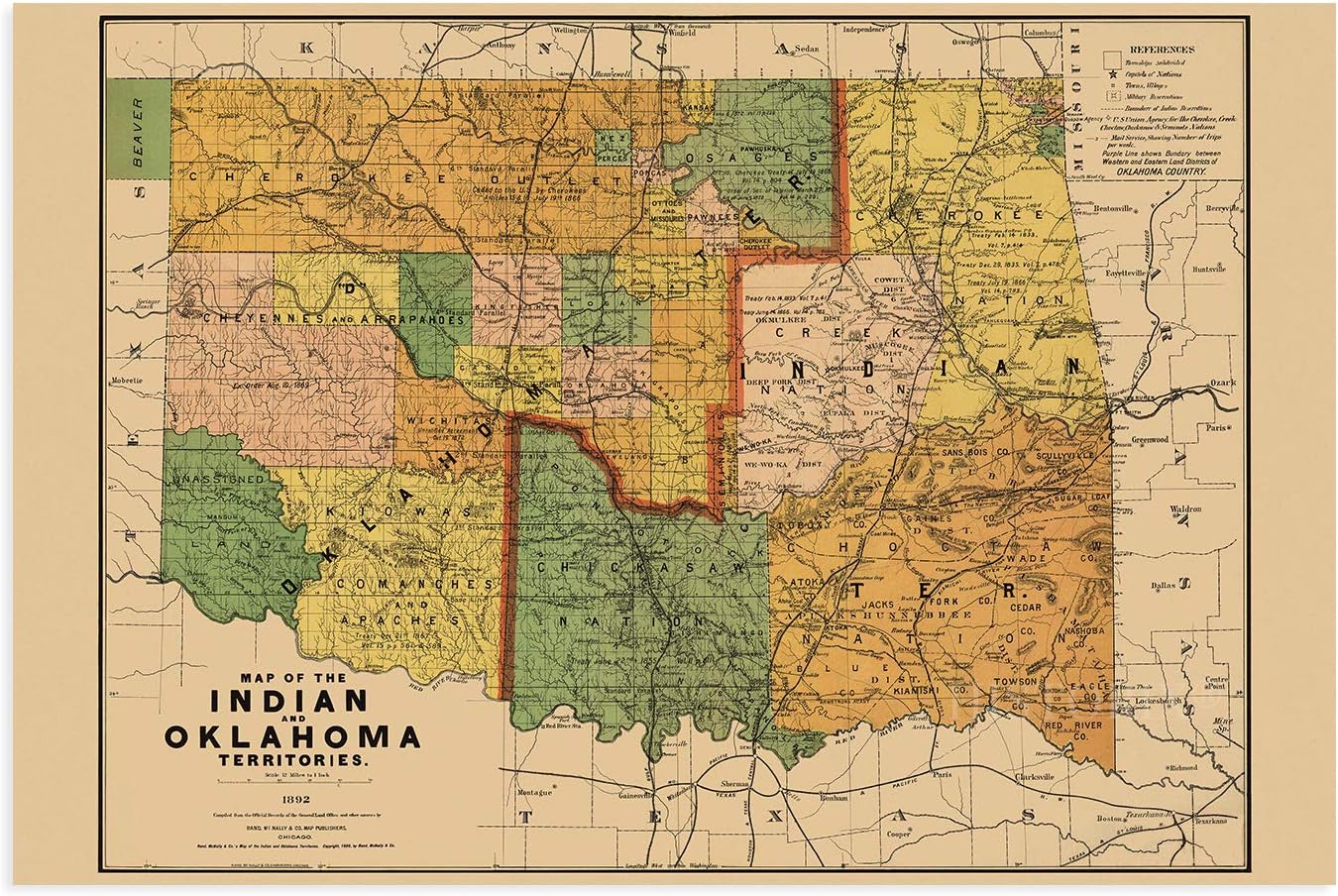 HISTORIX Vintage 1892 Map of the Indian and Oklahoma Territories - 24x36 Inch Vintage Map of Oklahoma Wall Art - Vintage Oklahoma Map - Indian Territory Map - Oklahoma Map Poster