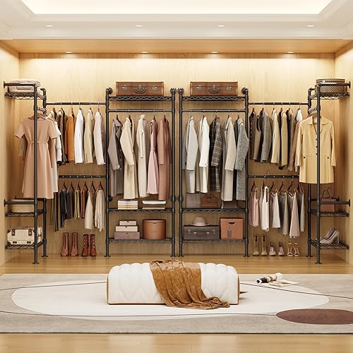 Miniatura 9 de P3 - Sistema industrial de armario de tuberías, estantes de ropa montados en la pared con 4 varillas telescópicas y 6 estantes de malla, perchero