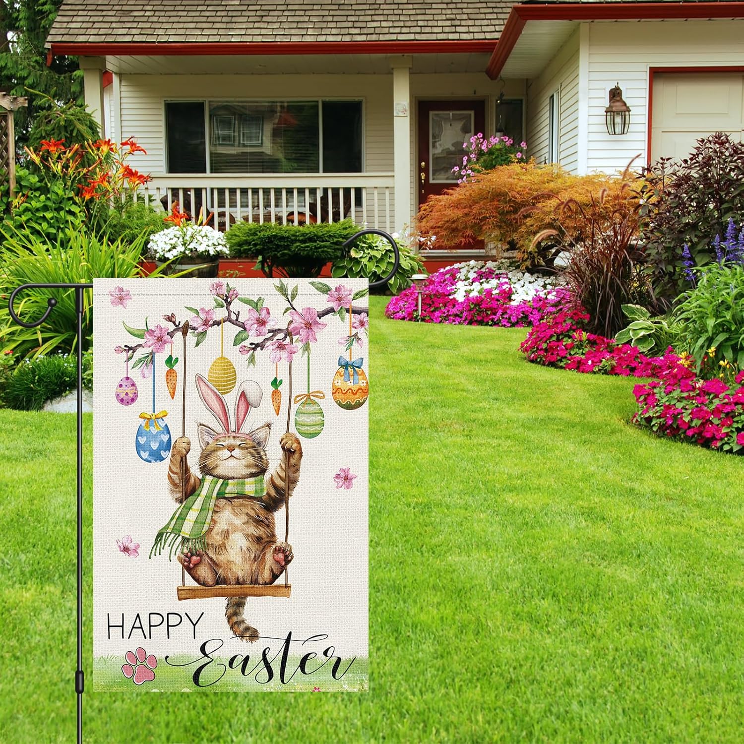 Heyfibro Happy Easter Cute Cat Garden Flag 12x18 Double Sided Burlap, Spring Summer Magnolia Flower Easter Egg Small Yard Banner for Seasonal Holiday Farmhouse Yard Outdoor Decor(ONLY FLAG) - Image 3
