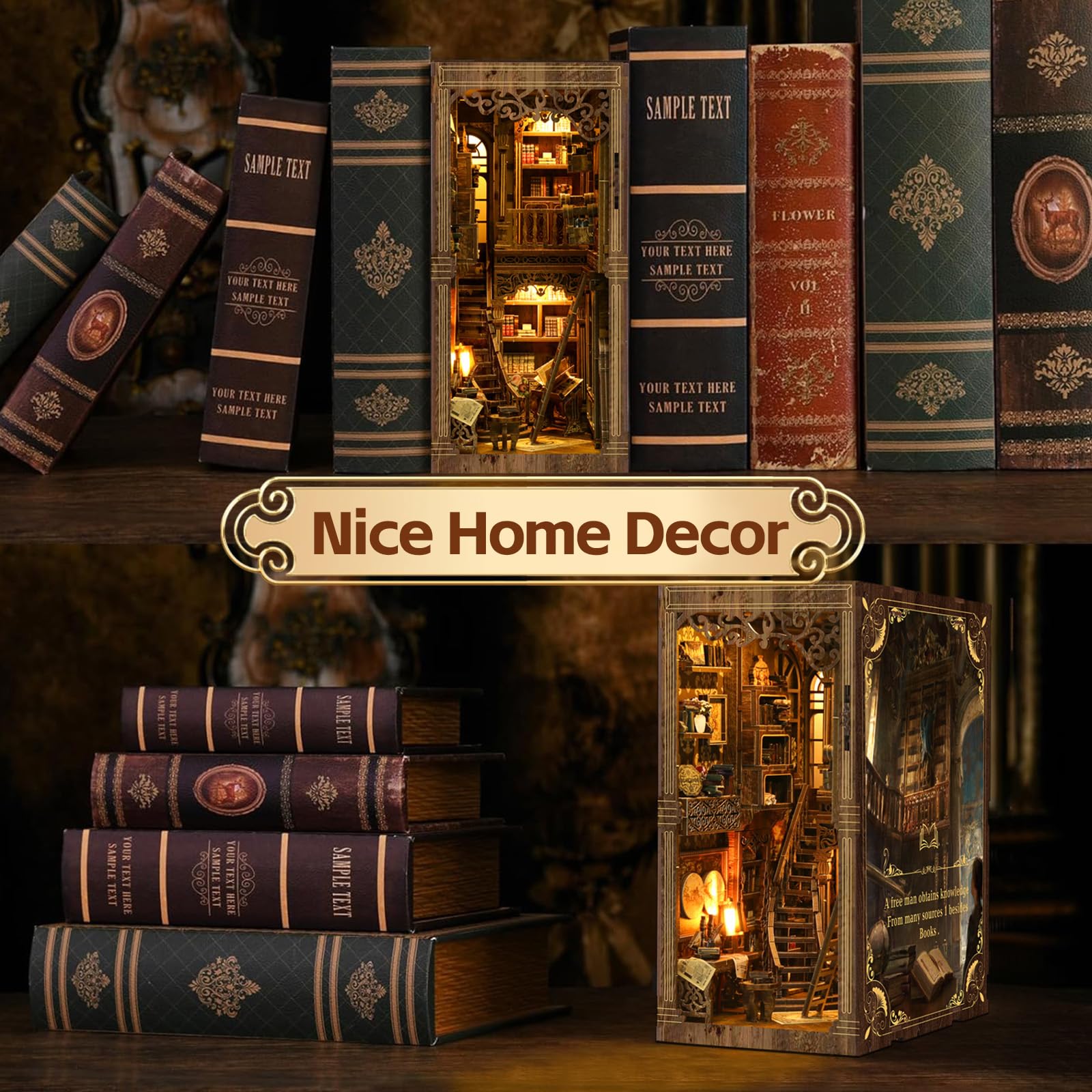Book Nook Kit en Madera, Kit de Casa Miniatura con Luz LED, Kit DIY Book Nook, Decoración de Estantería, Idea Regalo Creativa para Adultos y Adolescentes a Partir de 14 Años