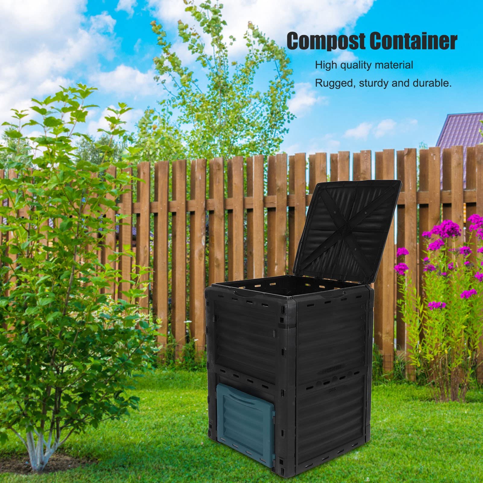 Contenedor de compostaje Compostador 300L Cubierta Superior con bisagras de Gran Capacidad con ventilación para Uso en Exteriores en el jardín de la Cocina Diseño cuboide de