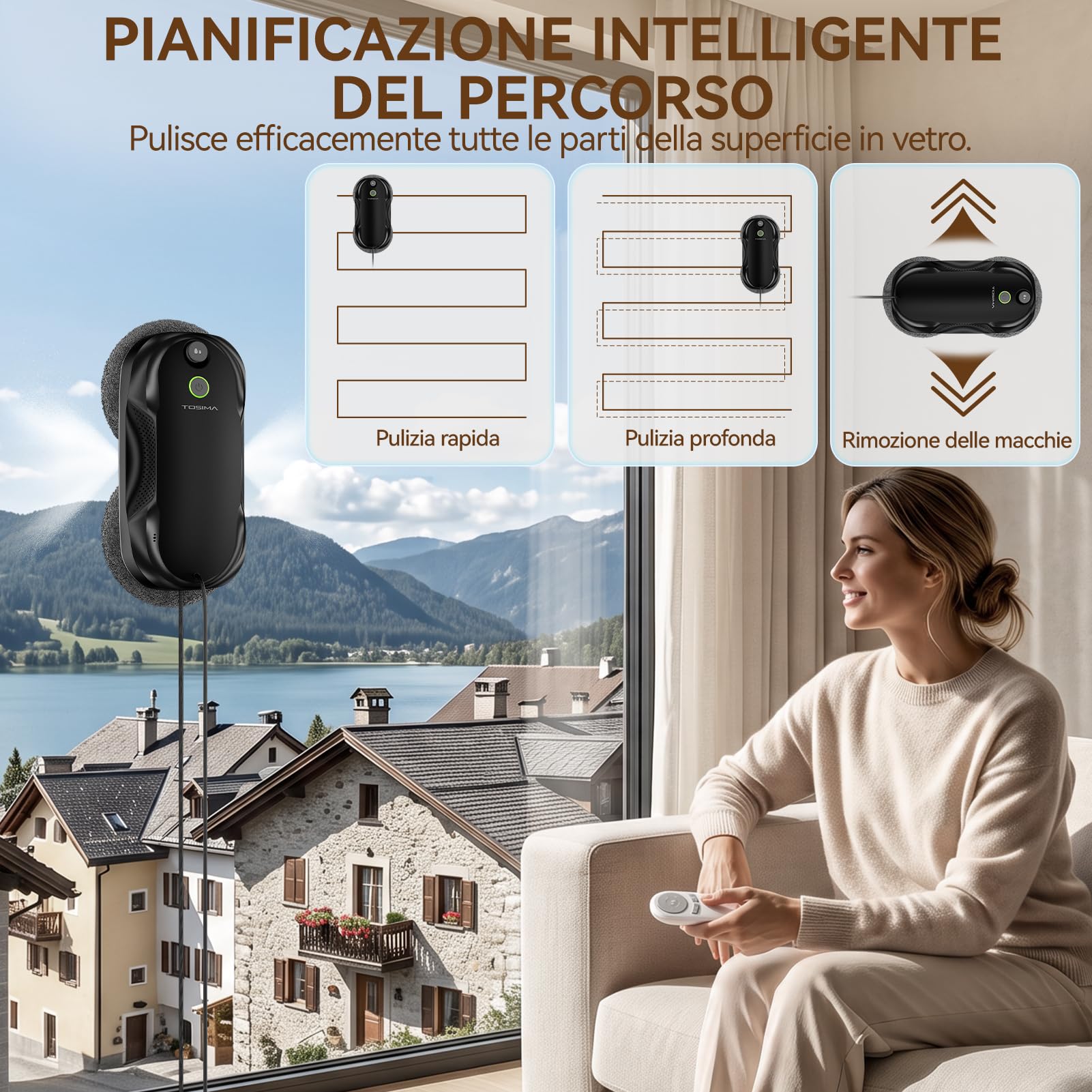 Tosima W5 Robot Lavavetri 6400Pa, Lavavetri Elettrico per Finestre con Spruzzo Bidirezionale, Aspirazione Adattiva, Navigazione Intelligente, Rilevamento Bordi, Sistema Anti-Caduta, Nero