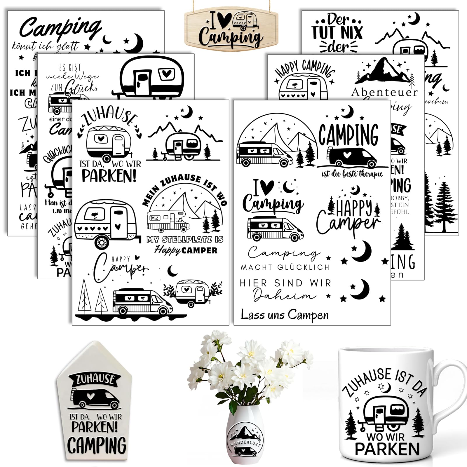 Rub On Sticker Campen, 6 Stück A5 Transferaufkleber, Rub On Folie Transferaufkleber, für Raysin, Möbel, Glas, Holz, Scrapbooking, DIY Basteln Deko (Campen)