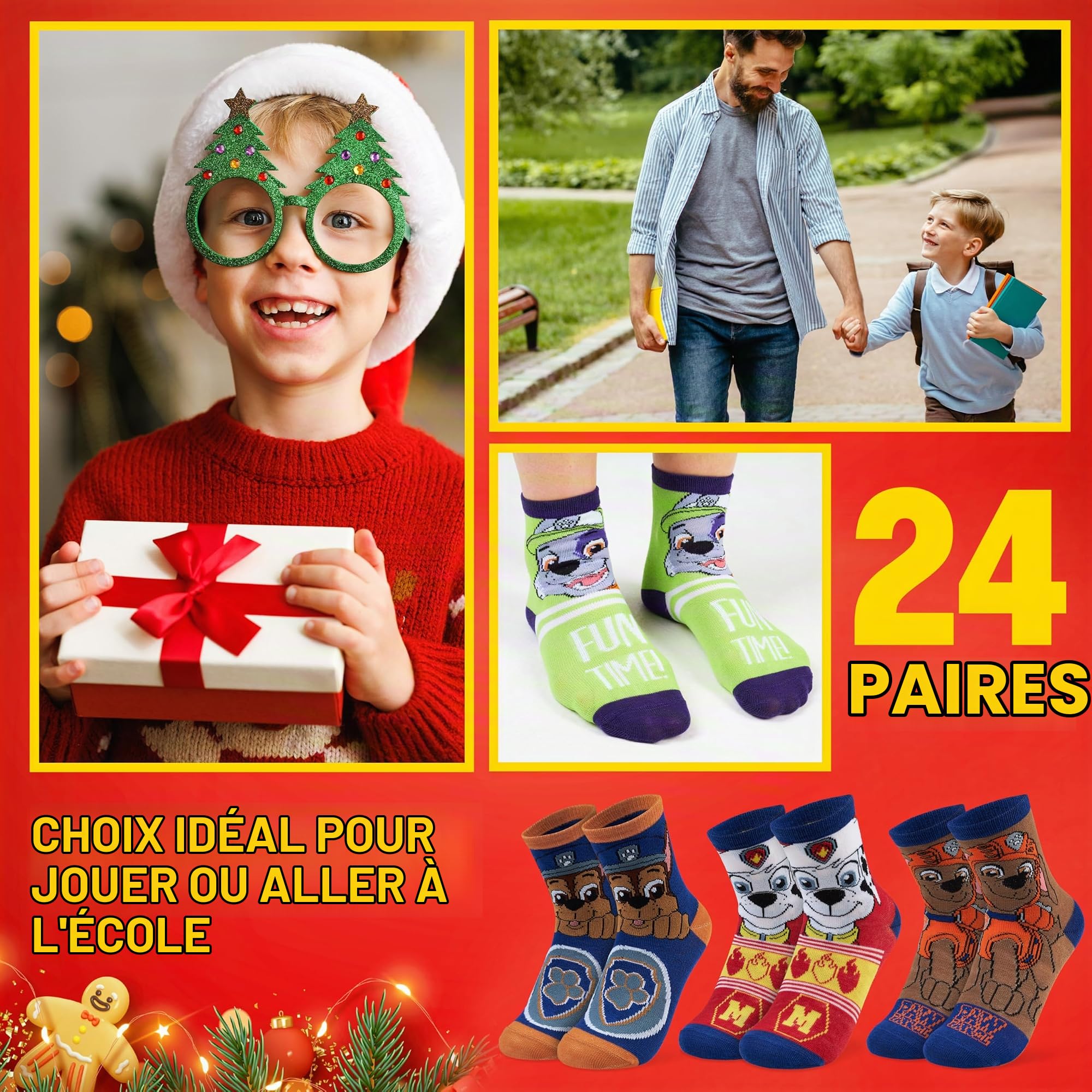 Get Trend Pat Patrouille Chase Calendrier de l'Avent 2026 à 24 Chaussettes | EU 27 à 31, Chaussettes Fantaisie, Doux et Respirant, Compte à Rebours avant Noël, Cadeau Enfants et Ados (Multi Chase)