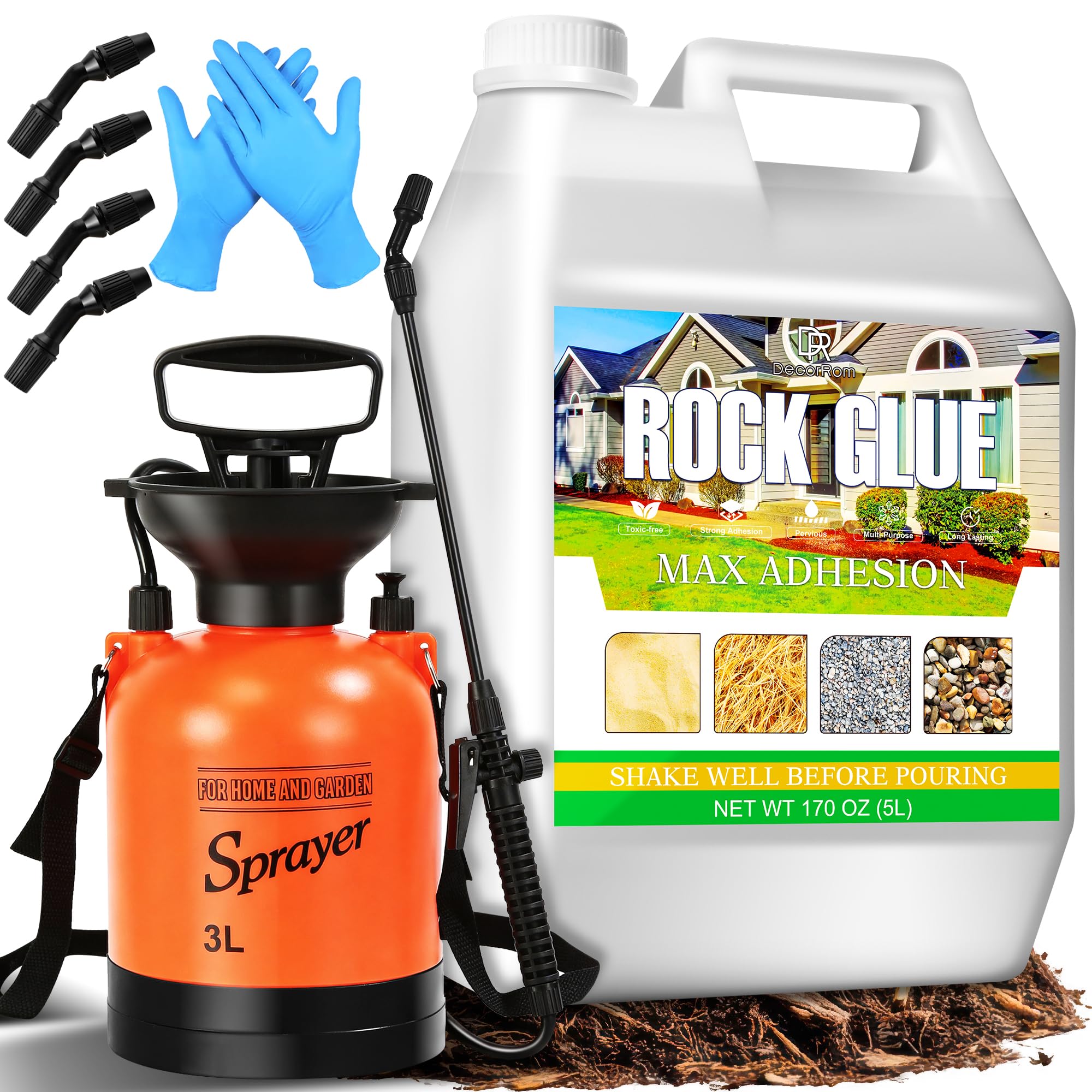Rock Glue with Pump Sprayer, 5L/1.3 Gallon Mulch Glue for Landscaping, Strong Adhesion Fast-Drying Non-Toxic Gravel Binder for Rubber, Cobblestone, Dry Straw, Rock, Gravel, Wood Chips, Shells and Sand - 2
