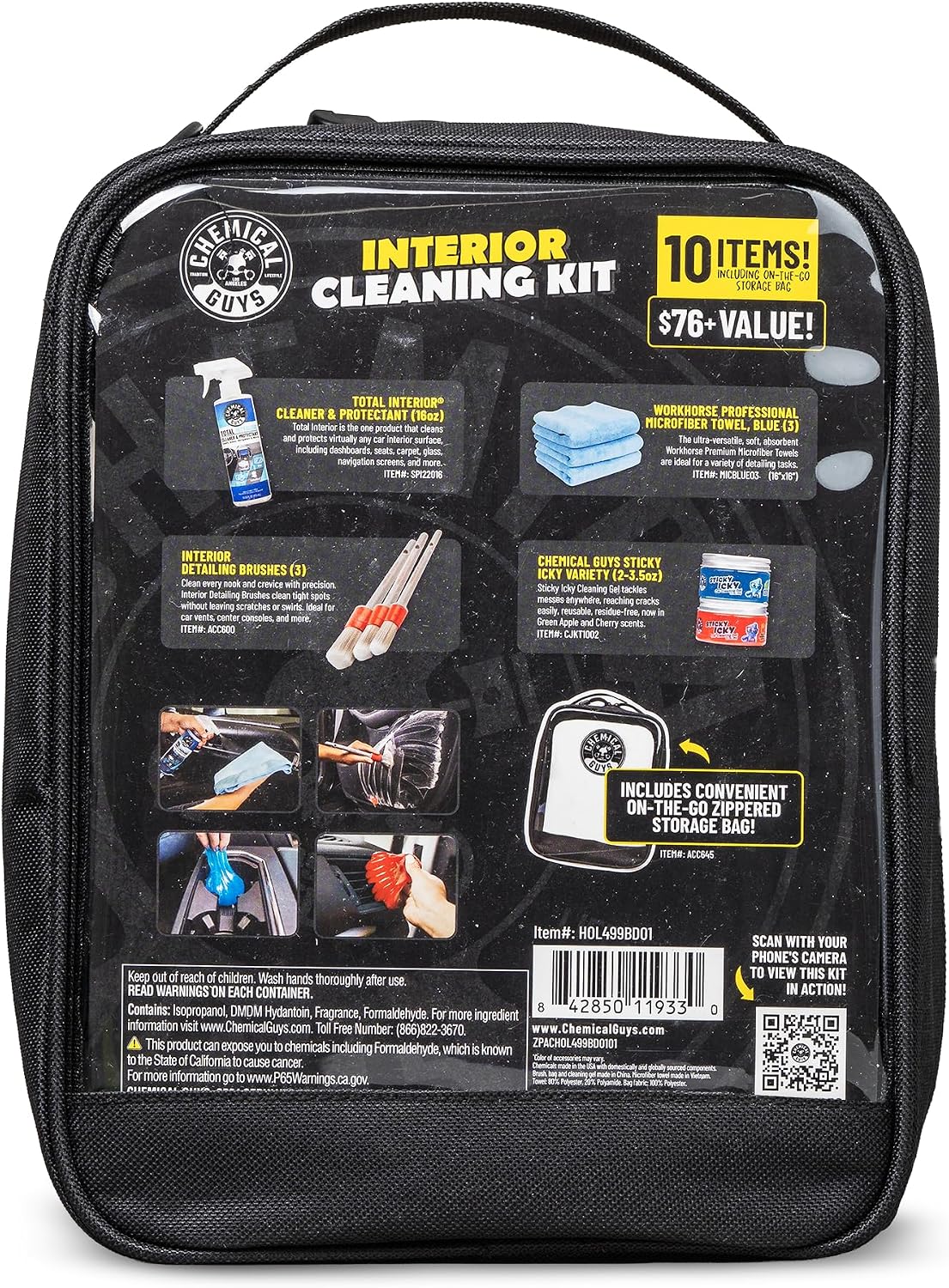 Chemical Guys Interior Cleaning Kit with Storage Bag Total Interior Cleaner Microfiber Towels Detailing Brushes and Sticky Gel Giftable Car Care Set - 10 Items