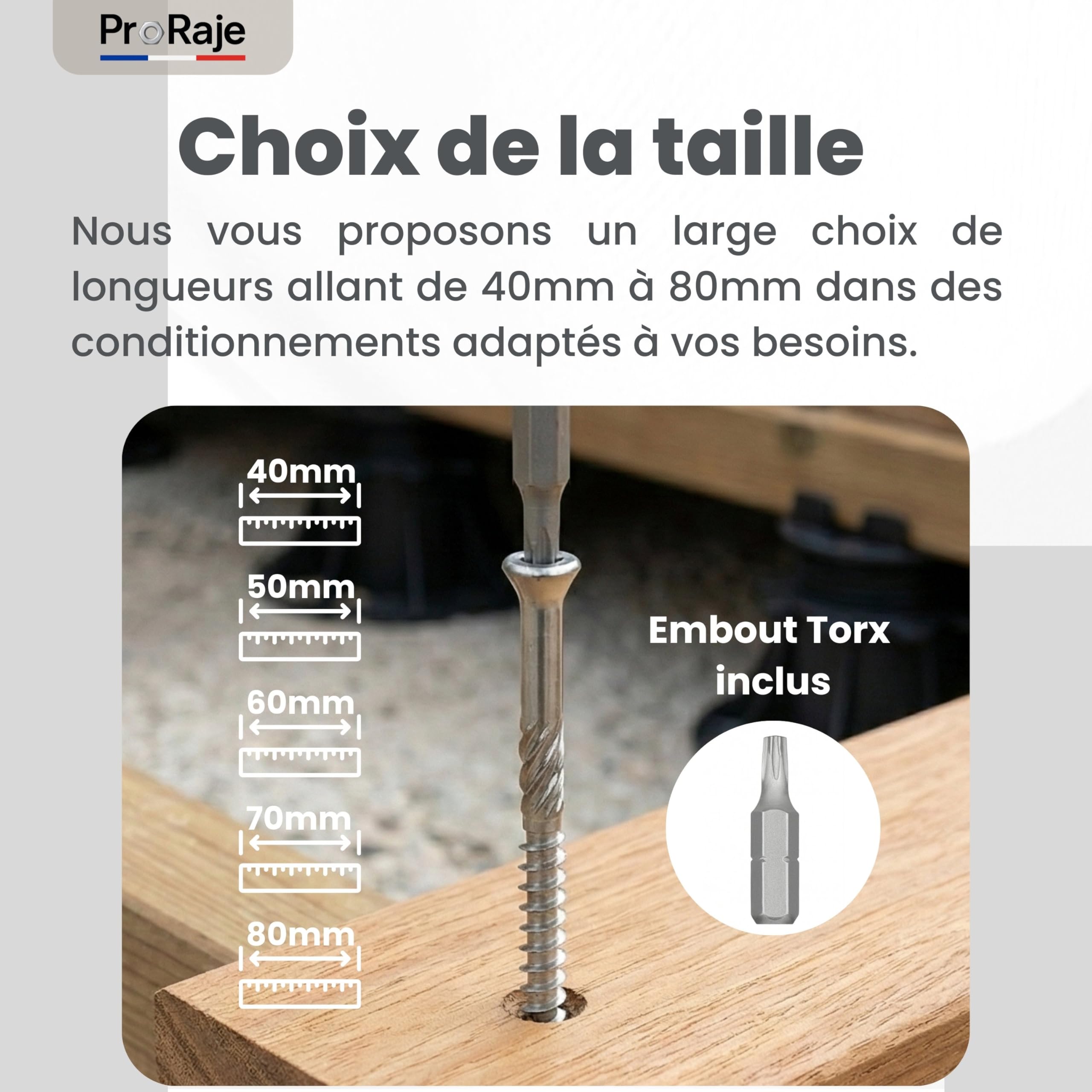 Vis de terrasse INOX A2 : 5x60 mm tête fraisée réduite TORX Ø 5 x 60mm | Vis à bois 60 mm terrasses/planches/bardages | Acier Inoxydable A2 (V2A/304) | 1 embout inclus : LOT DE 200 Pcs