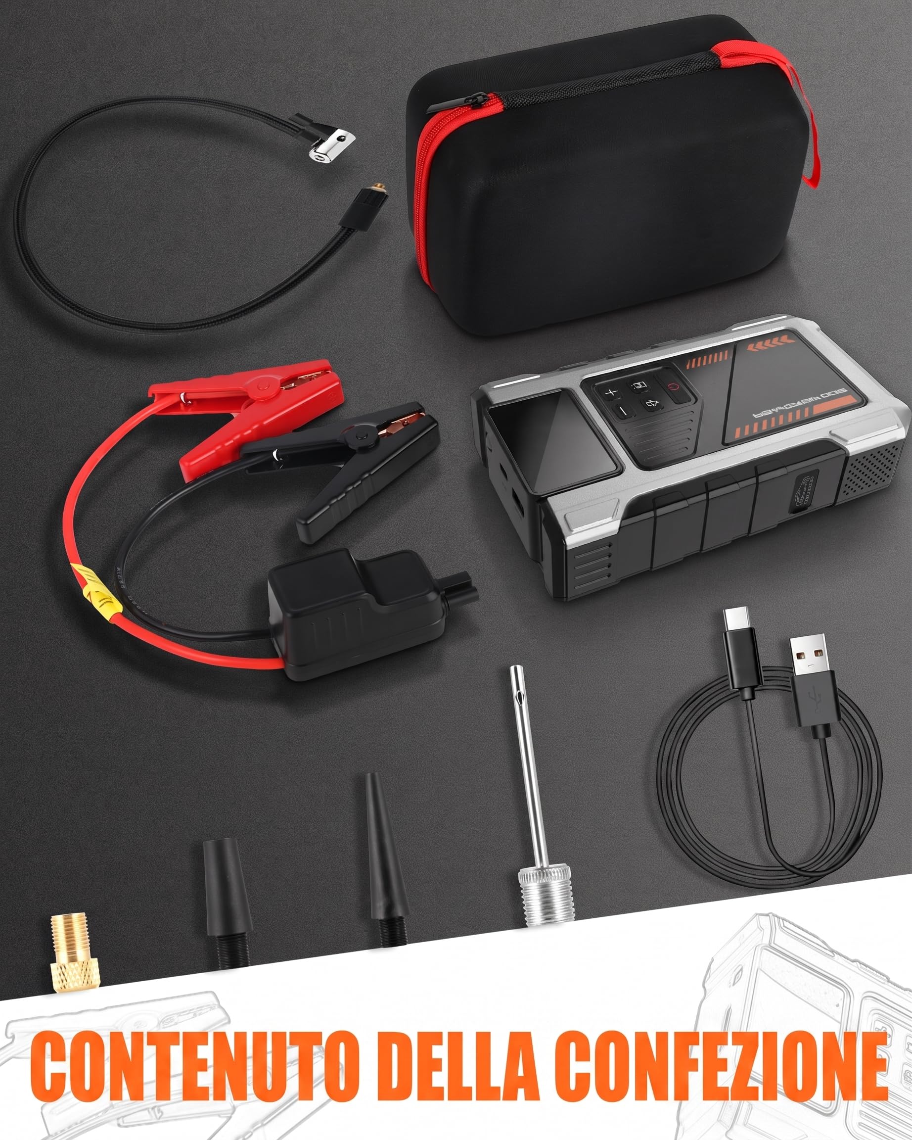 Booster Avviamento Auto con Compressore d'aria Avviatore Emergenza per Auto da 6000A (10L Benzina/8.5L di Gasolio) 12V con 3 Modalità Torcia Avviatore Batteria Portatile