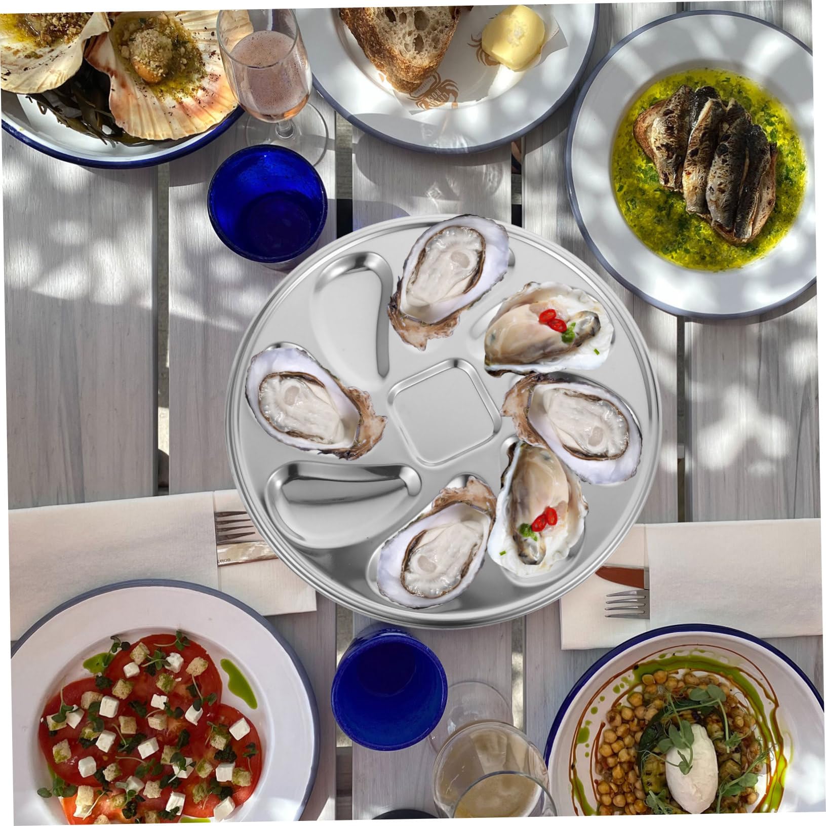 COLLBATH Set Piatti per Ostriche in Acciaio Inossidabile, Vassoio Multifunzione per Frutti di Mare Clip e Forchetta, Piatto da Portata Comodo per Ristorazione e Uso Domestico