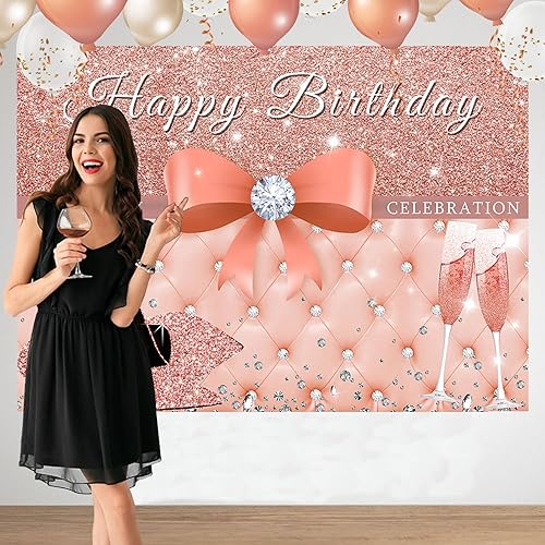 Miniatura 4 de Sensfun Cartel de fondo de feliz cumpleaños de oro rosa para mujer, decoraciones de fiesta de cumpleaños con purpurina, tacones rosados con lazo,