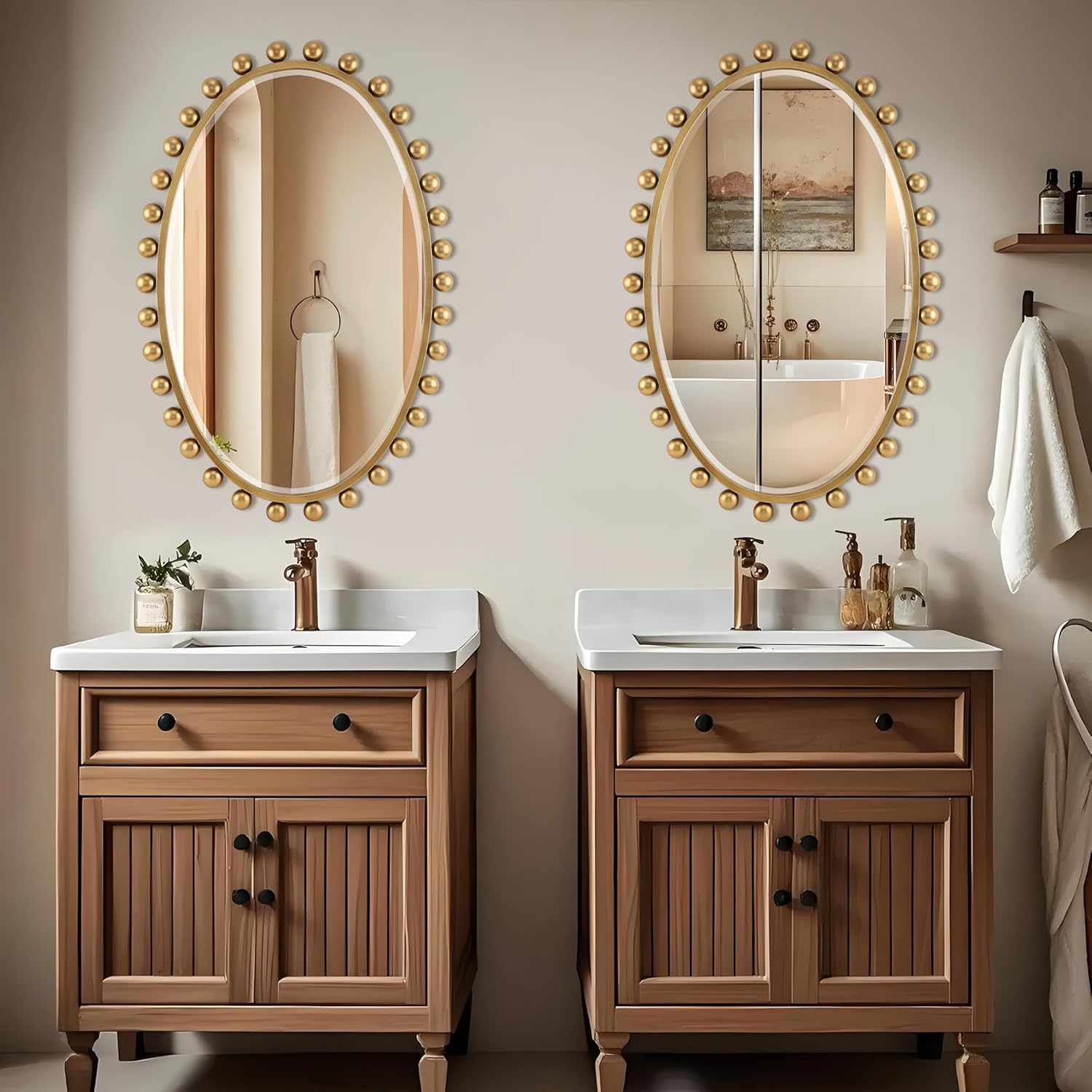 24"x36"Oval Wall Mounted Bathroom Mirror with Beveled Glass, Antique Gold Beaded Ball Frame, Vertical & Horizontal Hanging Vanity Wall Mirror for Bathroom, Bedroom, Entryway, Dressing Room