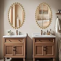 Vista 3 de 24"x36"Oval Wall Mounted Bathroom Mirror with Beveled Glass, Antique Gold Beaded Ball Frame, Vertical & Horizontal Hanging Vanity Wall Mirror for