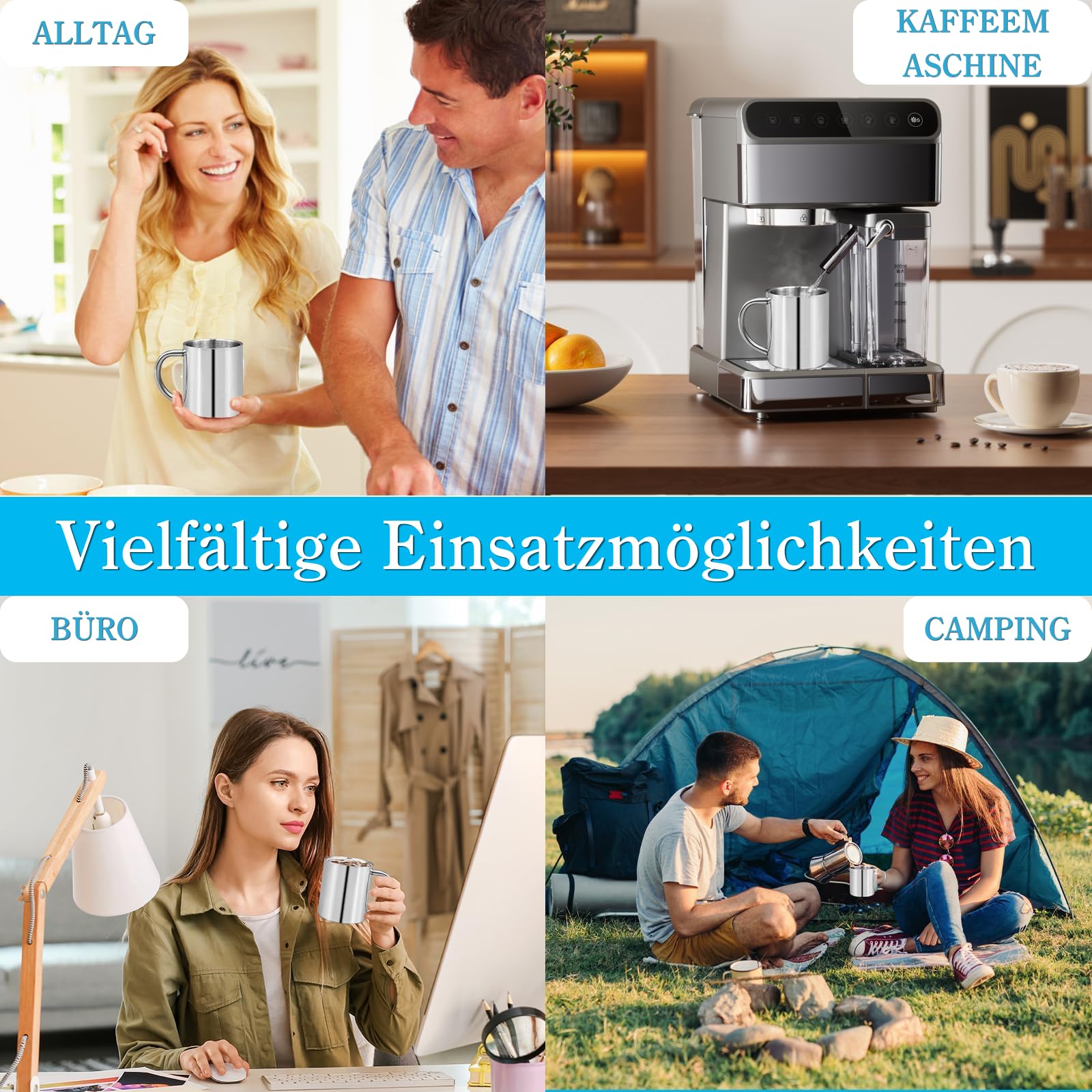 12 Stück 220ml Edelstahl Kaffeetassen, Doppelwandige Metallbecher mit Henkel – Isolierte Camping Tassen für Outdoor, Picknick, Reise, Zuhause, Wohnmobil – Spülmaschinenfest