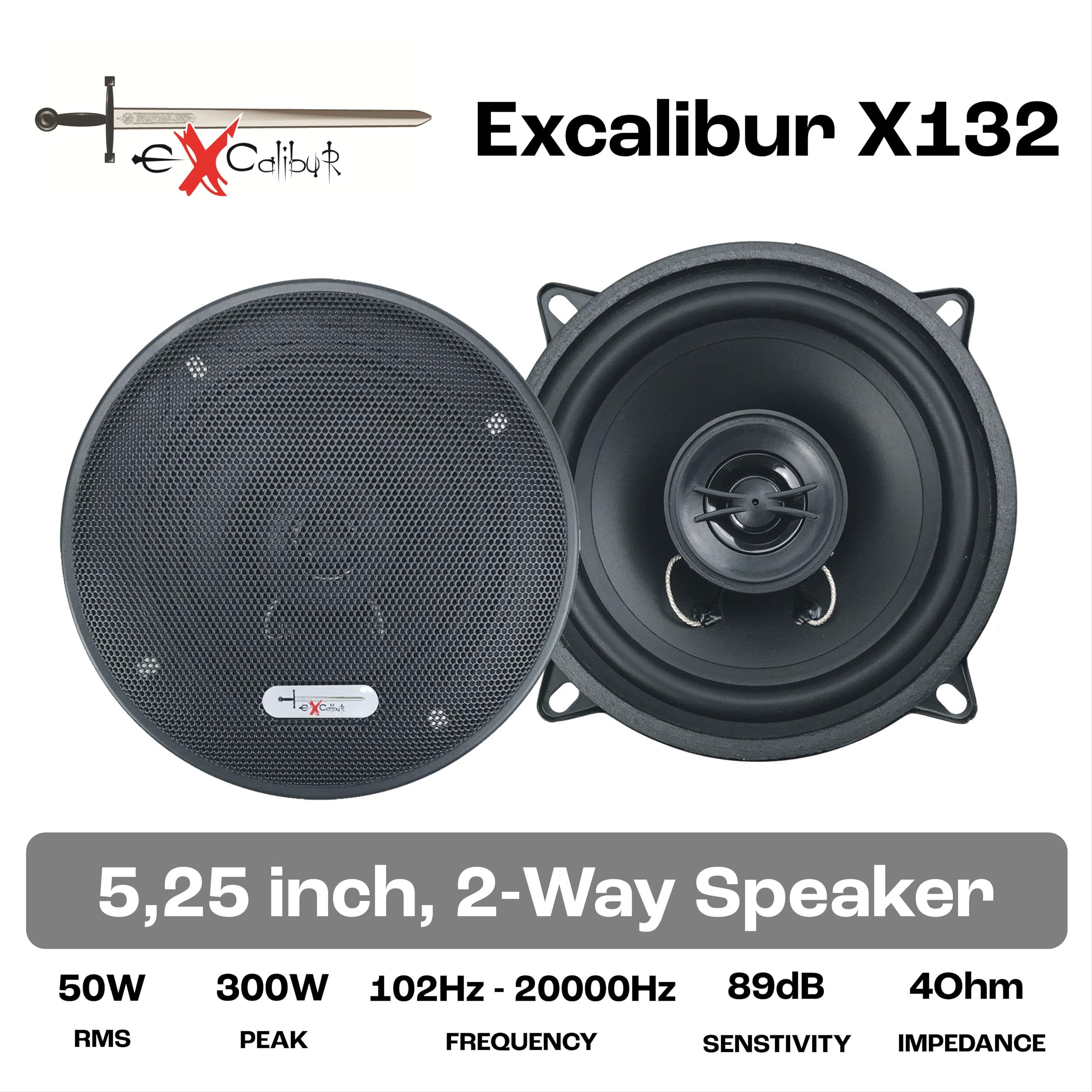 Excalibur X 132 set altoparlanti 2 pezzi, 50 W RMS, woofer da 13 cm (130 mm), suono stereo chiaro, design compatto, bassi potenti, ideale per musica e film