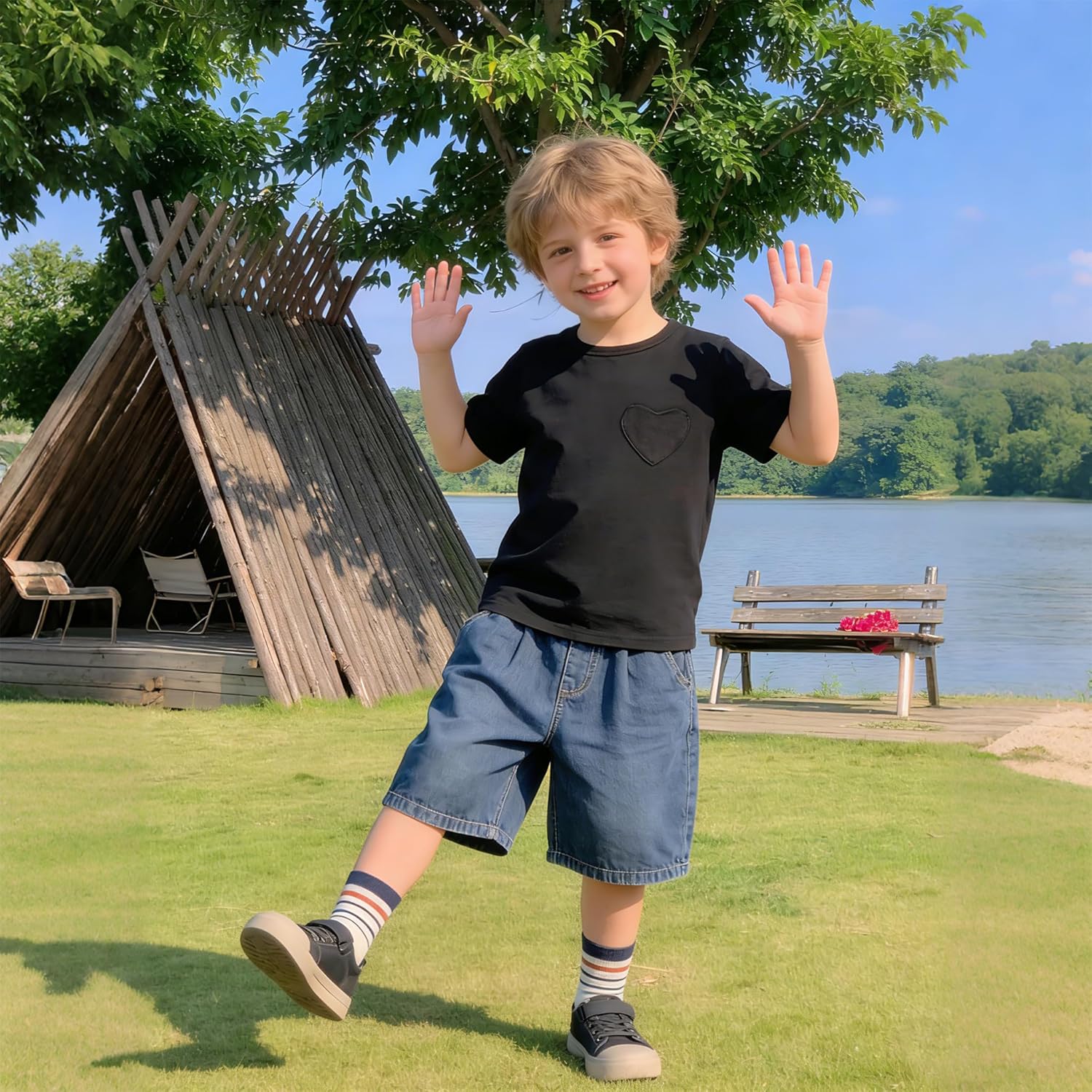 1-14Y Toddler Girls Shirt Baby Girl Blouse Solid Color Short Sleeve Heart Pocket T-Shirt Casual Cotton Tee Plain Top - Image 3