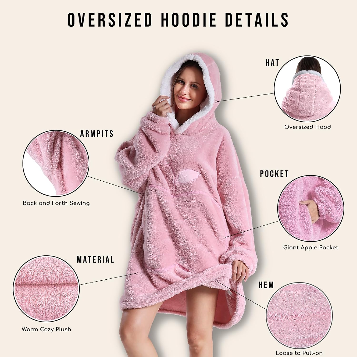 Wearable Blanket Hoodie for Women - Oversized Hooded Blanket for Adults Fluffy Plush Blanket Sweatshirt Warm Cozy Christmas Birthday Gifts for Mom Pink - Image 5