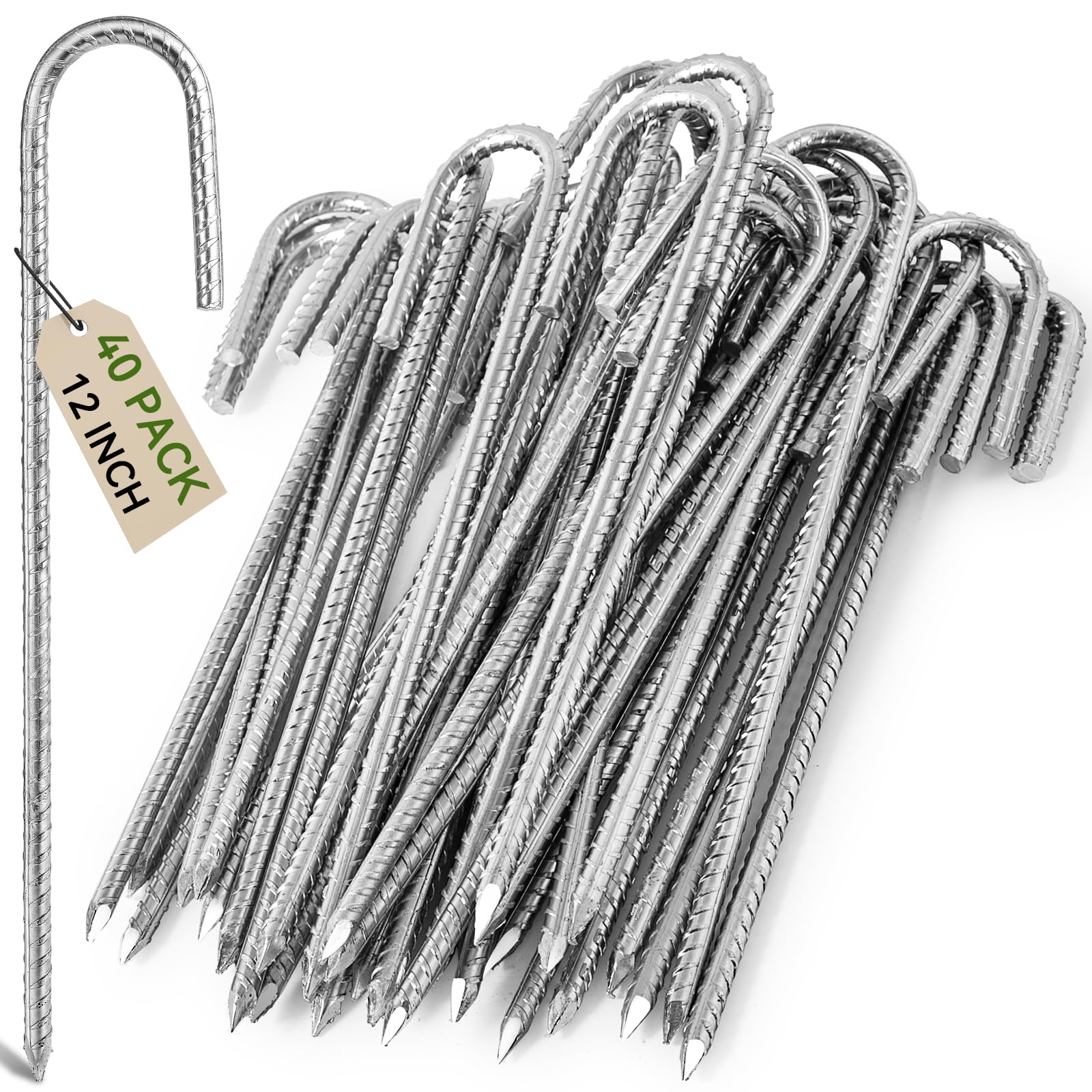 Graxury 12inch Heavy Duty Trampoline Tents Anchor Ground Pegs - Galvanized Steel Rust-Proof J Hook Rebar Stakes Fit Trampolines Camp Garden Shed Swings with Chisel Point End