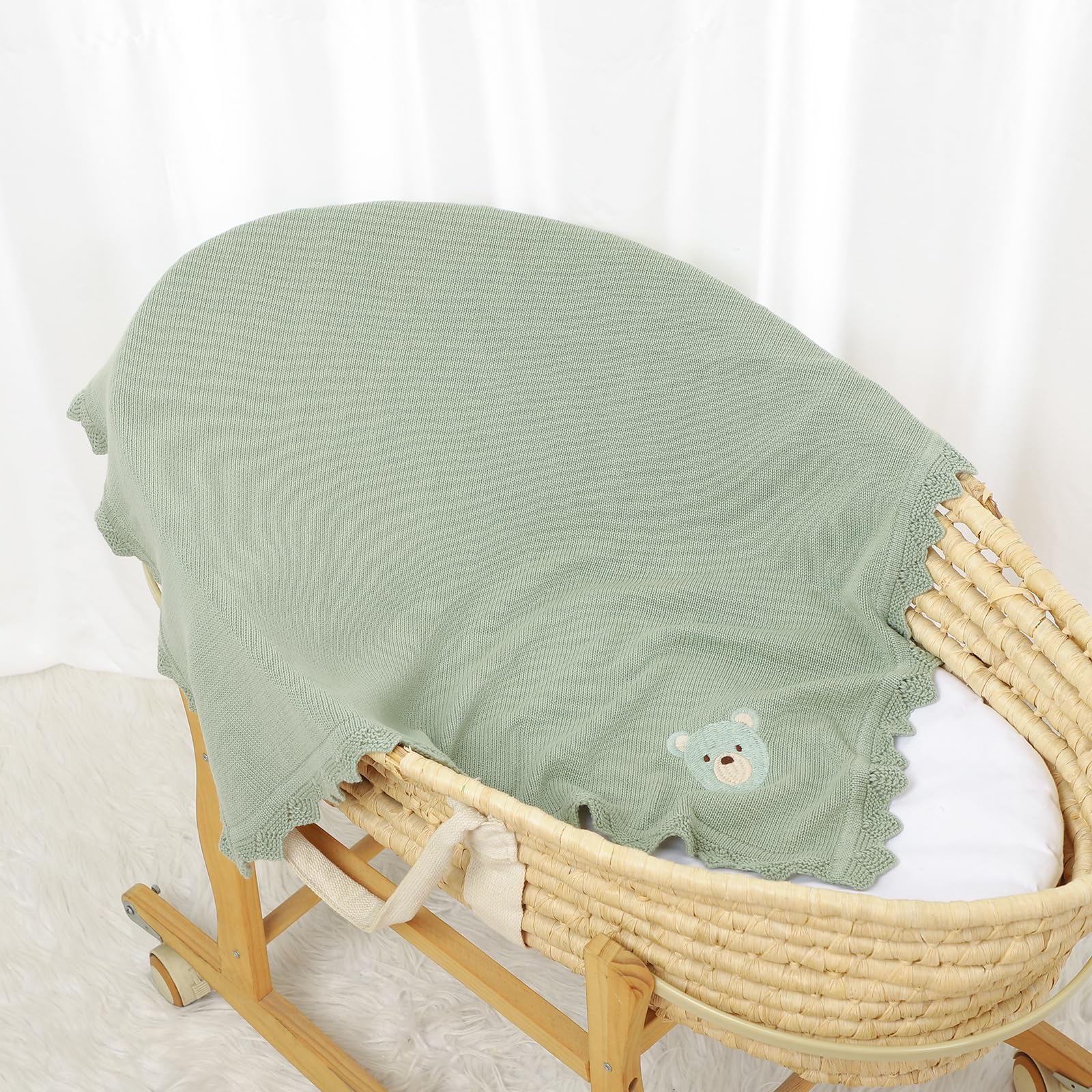 DovFanny Cotton Cellular Baby Blanket Knitted Soft Blanket for Newbron Baby Boy and Girls with Lovely Bear (sage greeen) - Image 3