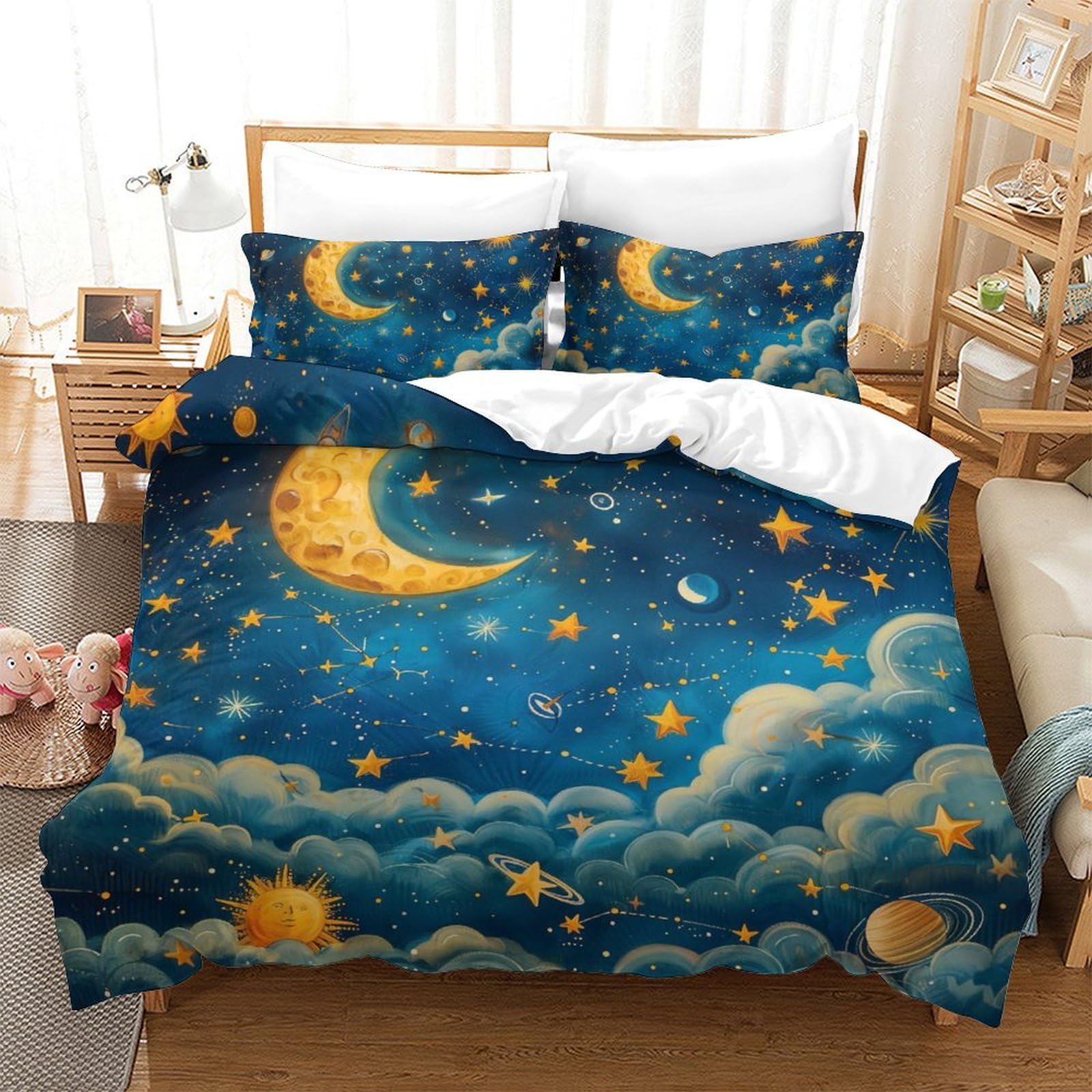 Housse de couette ciel nocturne 3D parure de lit visual art 3 pièces avec taie d'oreiller
