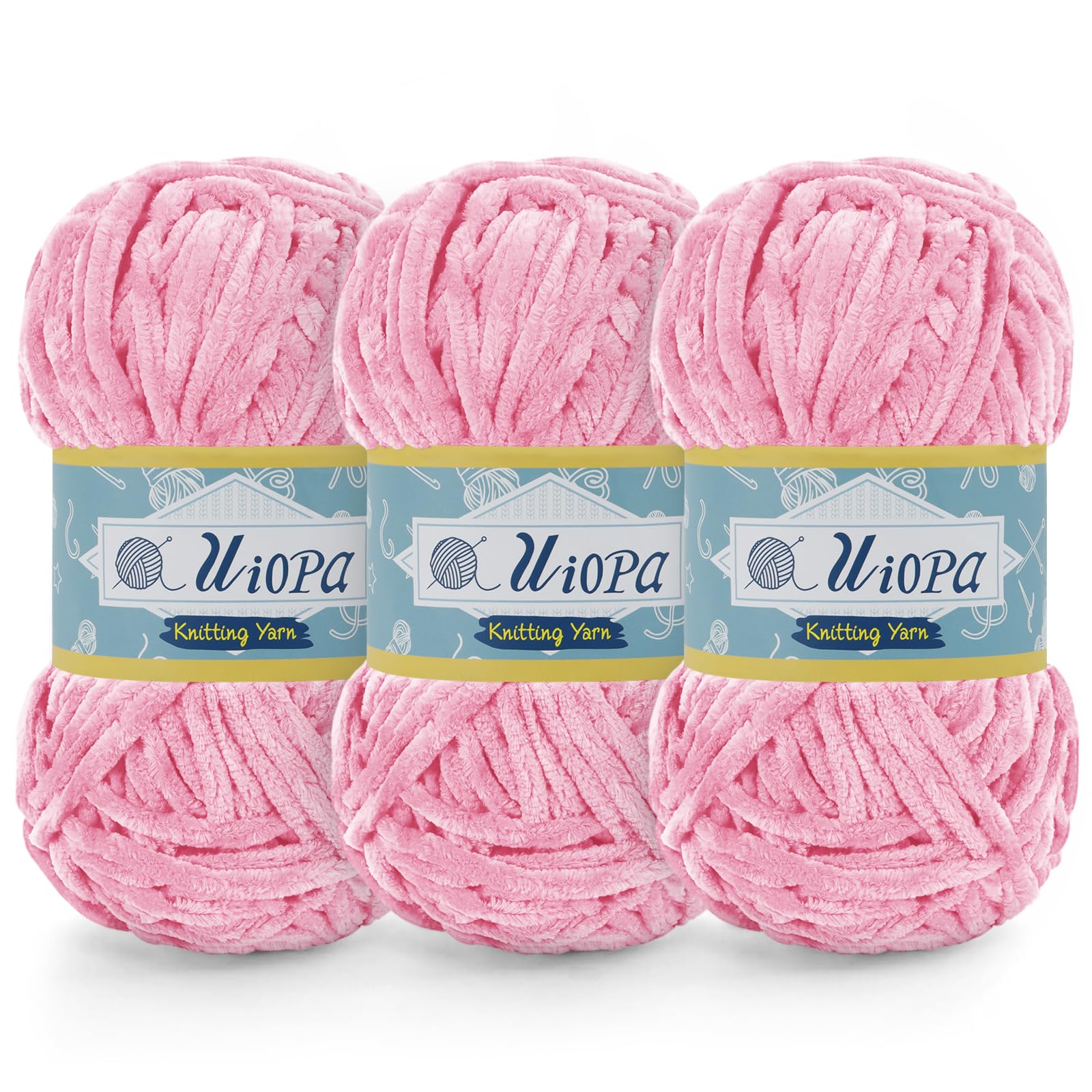 Uiopa 3 x 100g Chunky Chenille Yarn, Plush Velvet Yarn Thick Chenille Wool, Light Pink Fluffy Crochet Chunky Wool for Amigurumi Blankets Clothes DIY Crafts