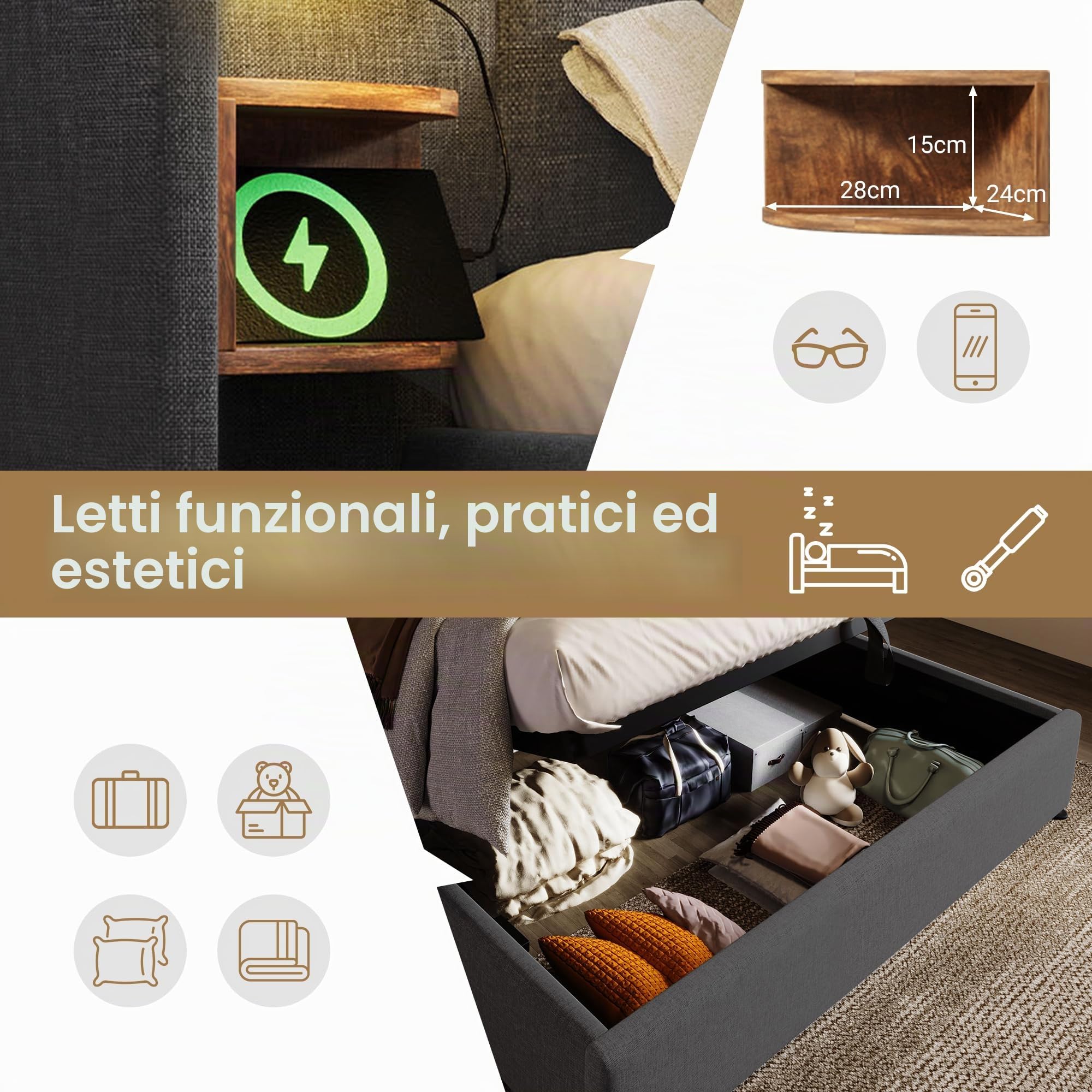 Letto imbottito 180 x 200 cm, comodino, lampada da lettura e ricarica USB C, rete a doghe legno massiccio e metallo, lino grigio