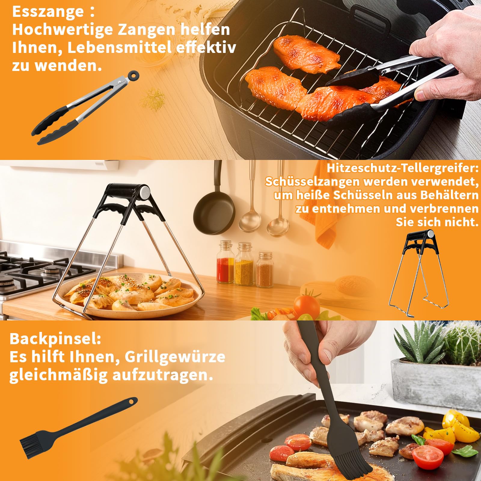 Hunnycook 17P Airfryer akcesoria do frytkownicy beztłuszczowej Ninja AF500EU, w zestawie 1 × 10,4 l + 2 × 5,2 l Airfryer silikonowa forma, forma do ciasta, kosz do smażenia, szczypce i inne, zestaw