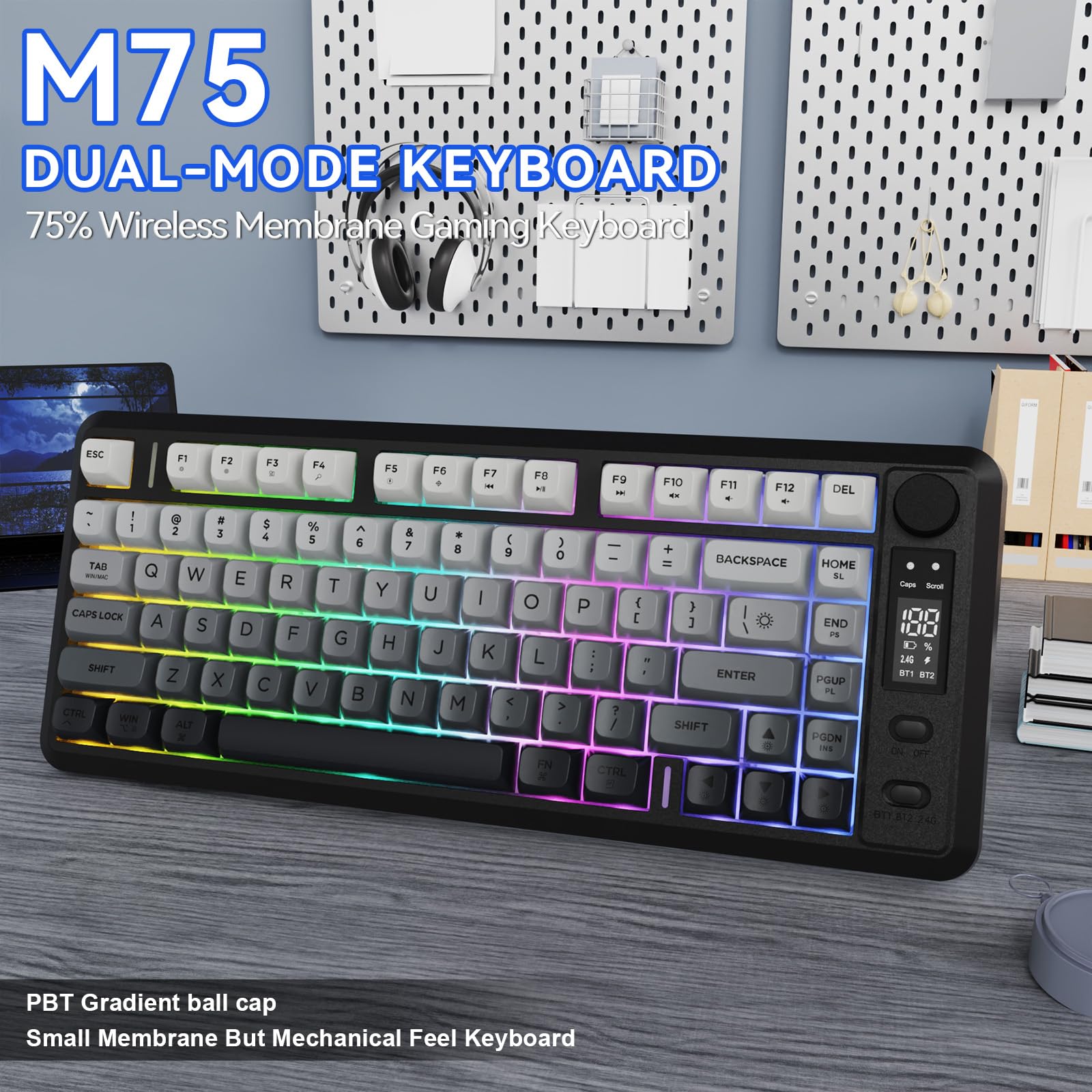 FREEWOLF M75 Tastiera wireless dual-mode, Bluetooth+2.4G, controllo tramite manopola e display, 82 tasti compatti PBT con gradiente, luce arcobaleno,QWERTY, anti-ghosting completo per Mac/Win-Nero