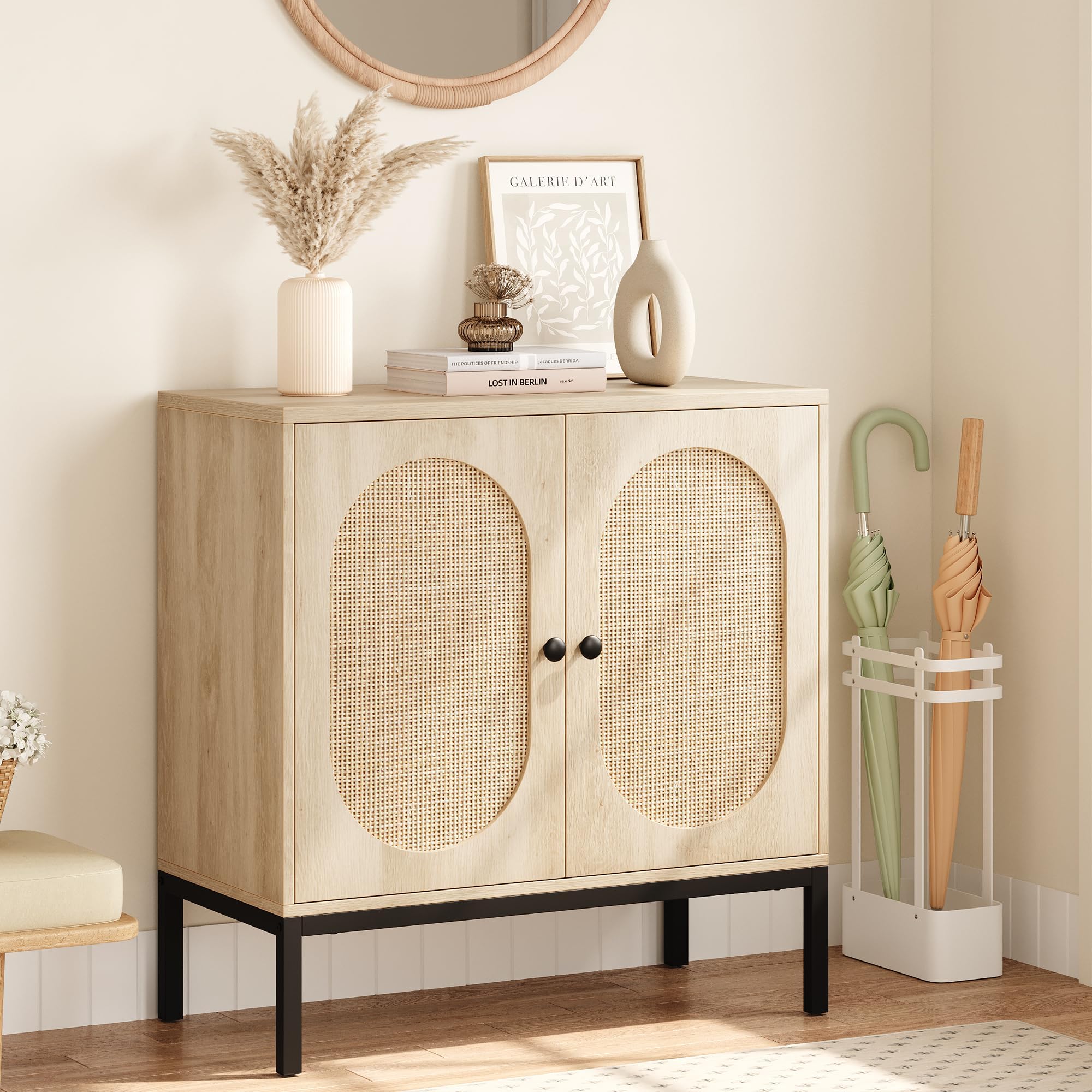 Armoire à Buffet Cuisine, Meuble de Rangement en Rotin avec étagères Réglables et Pieds Métalliques, pour Le Salon et la Cuisine, 83x80x40cm