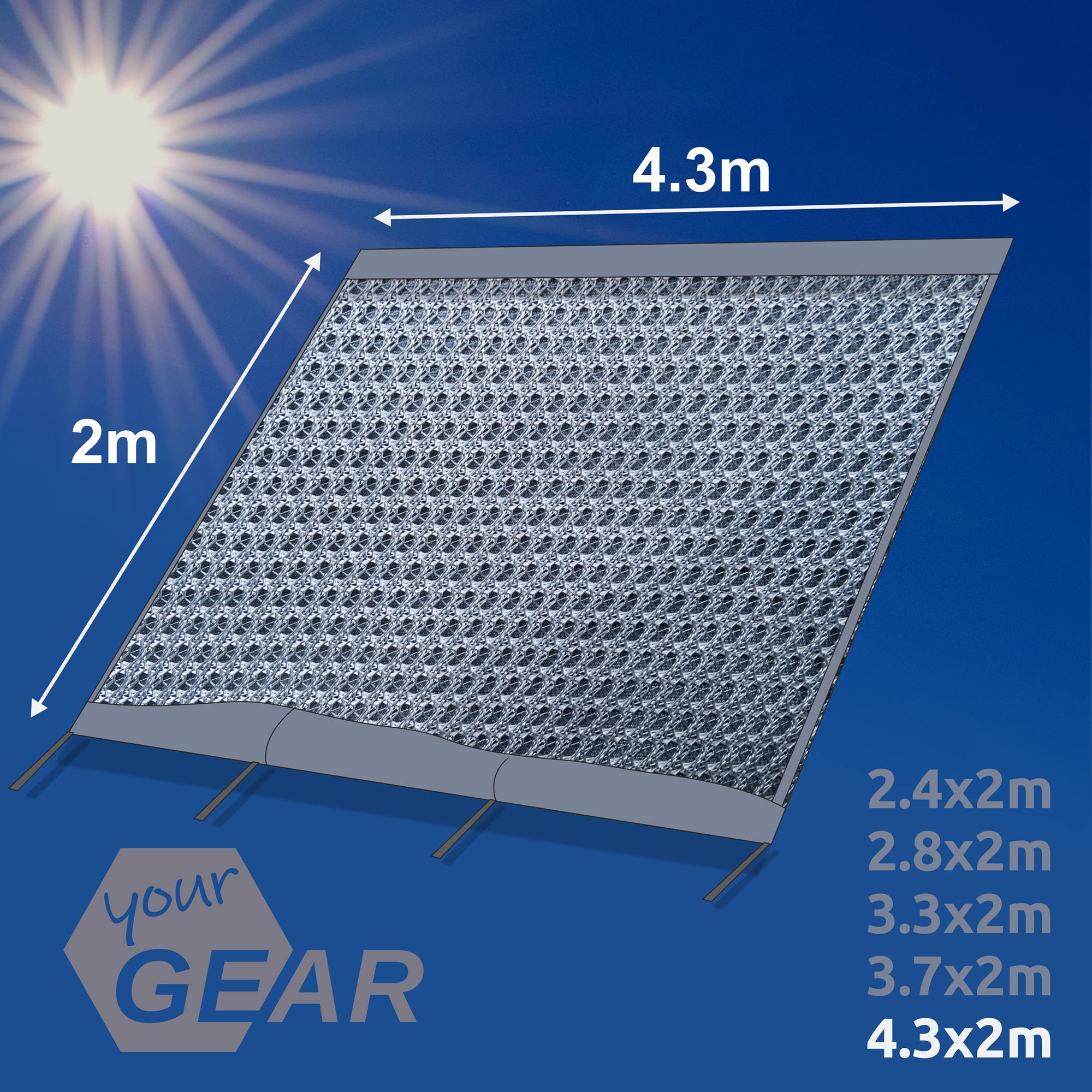 your GEAR Sun & Rain Blocker – Toldo delantero o paredes laterales para toldo, varios tamaños, protección UPF 50+, columna de agua de 5000 mm, 3 refuerzos con diámetro de 4,3, 6,2 y 7 mm, anchuras de