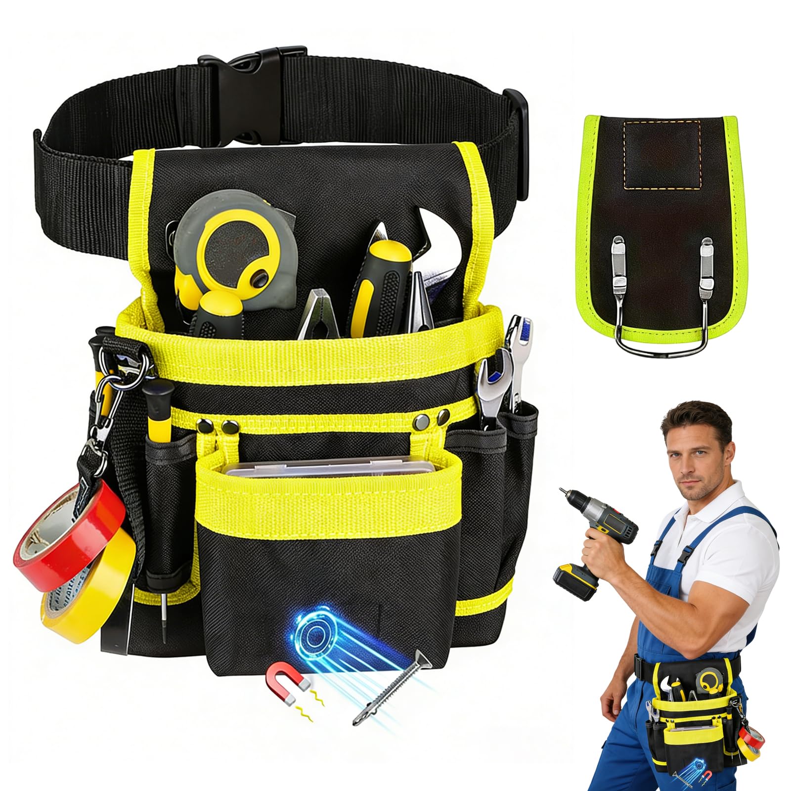Cinturón de Herramientas, riñonera con 26 Bolsillos, Bolsillos magnéticos para Herramientas, para Hombre, riñoneras Desmontables