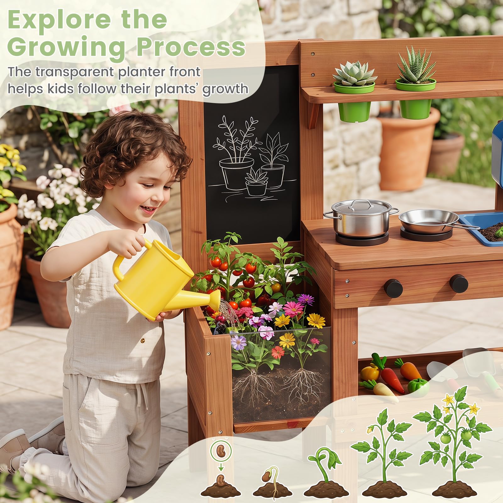 COSTWAY Cucina Giocattolo per Bambini, in Legno, per Bambini 3+ Anni | Cucinetta da Esterno con Fioriera, Lavagna, Rubinetto e Serbatoio, Cucina da Fango Interattiva con Accessori per Giardinaggi