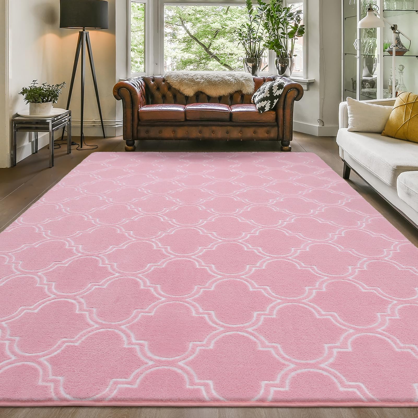 Amearea Fluffy Indoor Area Rug, Soft Trellis Moroccan Rugs for Bedroom, Shag Modern Area Rug for Living Room Kids Room Nursery, Easy Clean, Geometry Home Decor Low Pile Carpet, Pink 5x7 Feet