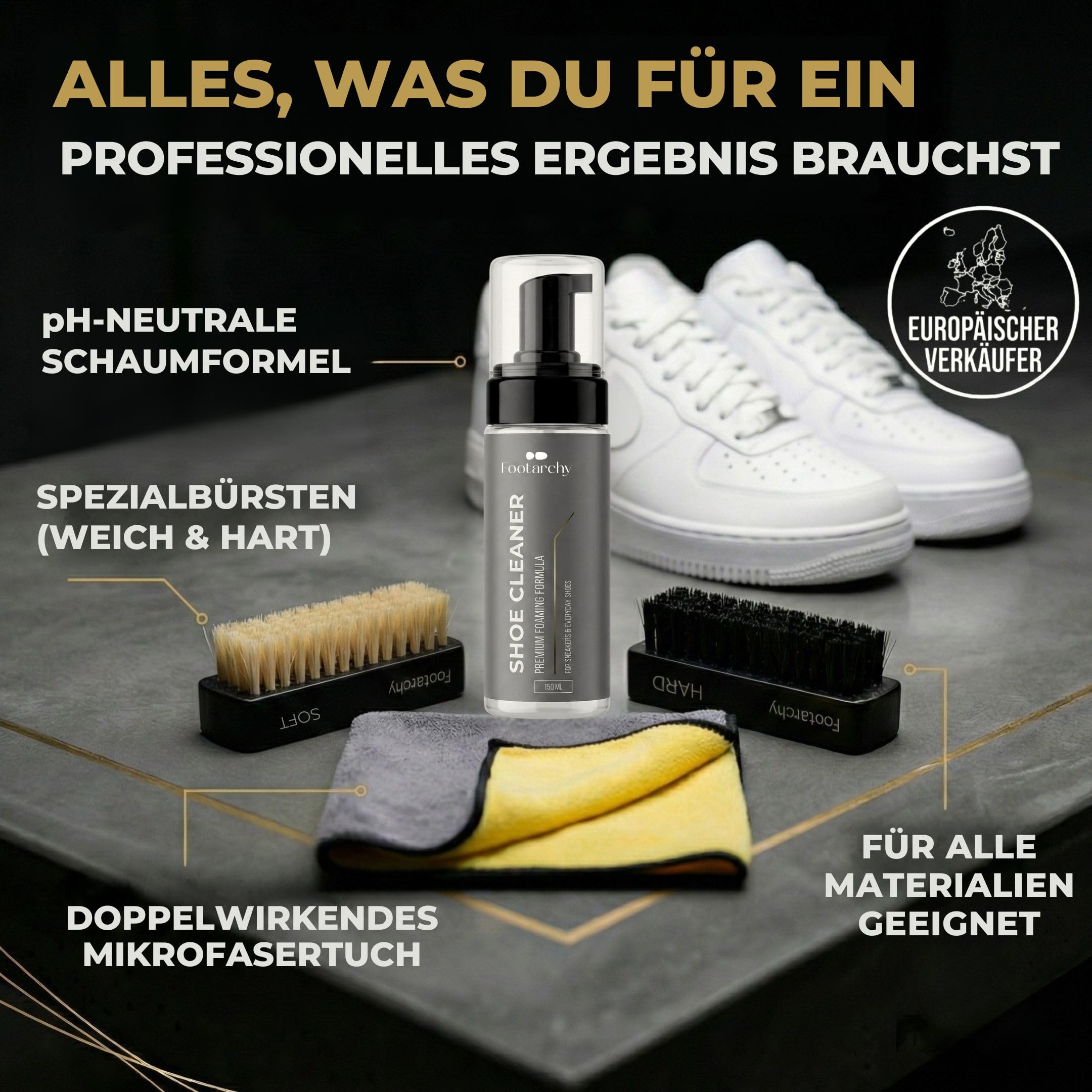 Kit di pulizia professionale - Schiuma 150 ml con 2 spazzole (Soft e Hard) e microfibra a doppia faccia, ideale per pelle gomma plastica e suole - detergente scarpe senza acqua
