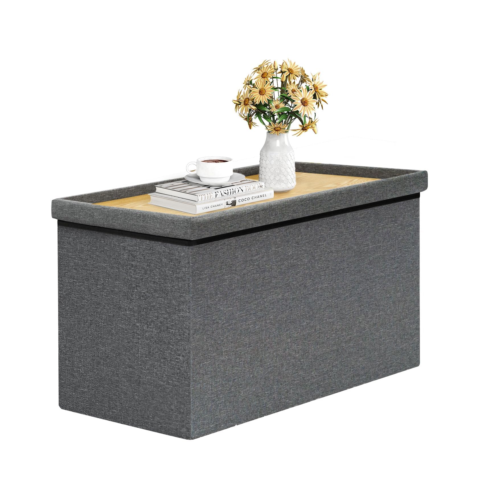 B FSOBEIIALEO Storage Ottoman with Tray, Linen Coffee Table Folding Long Shoes Bench Footstool, Dark Grey 30"x15.74"x15"