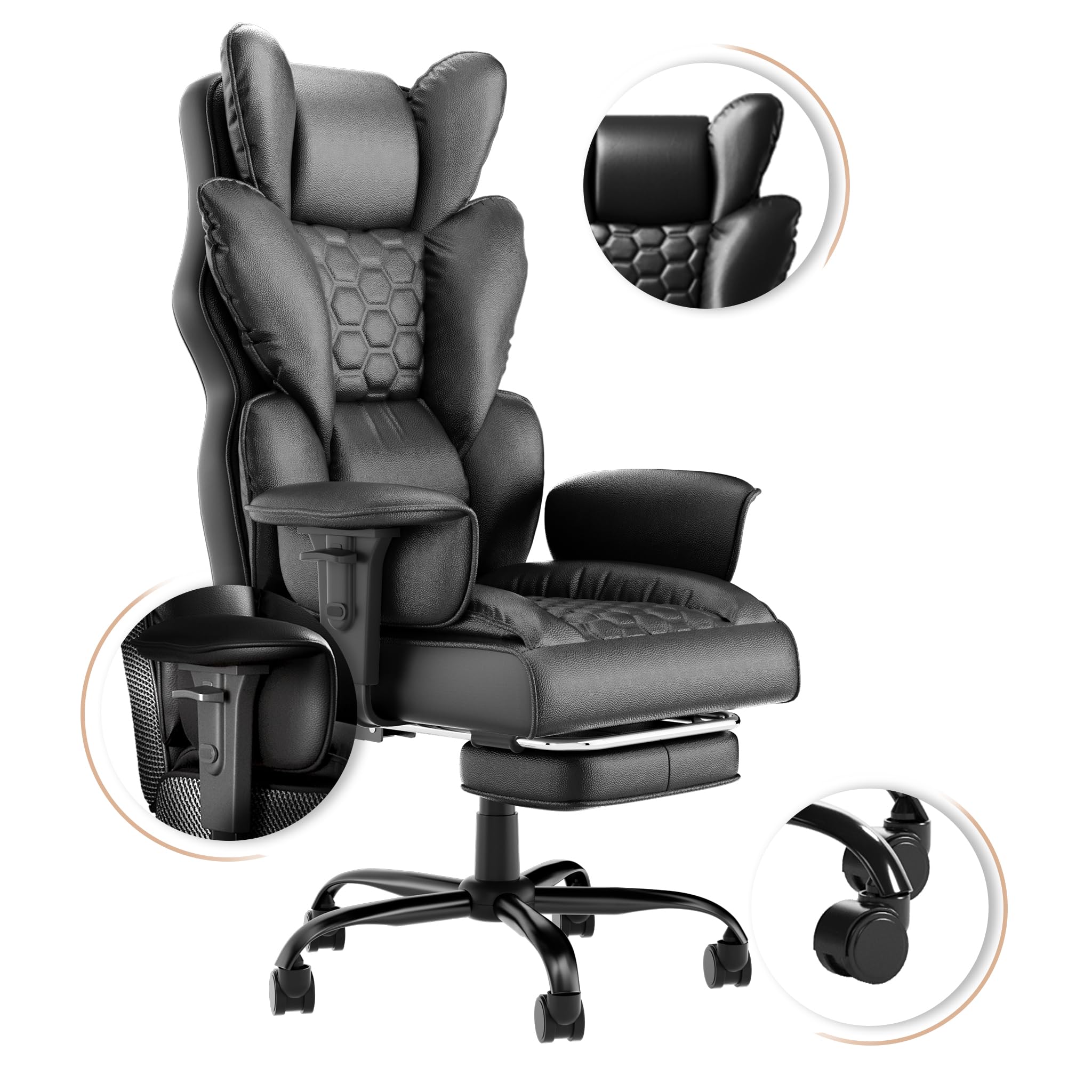 Froadp Chefsessel Ergonomisch PU-Leder mit Fußstütze Liegefunktion Schwarz | Extra Dickem Sitzkissen, Verstellbaren Armlehnen & Rückenlehne, Höhenverstellbar 126-136cm, Für Langes Sitzen