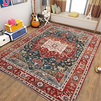 Washable Rugs Living Room Red Retro Persian Style Rugs Non Slip Carpet, 60x90 cm Rectangle Short Pile Rugs for Bedroom Dining Room Kitchen Soft Flannel Rugs
