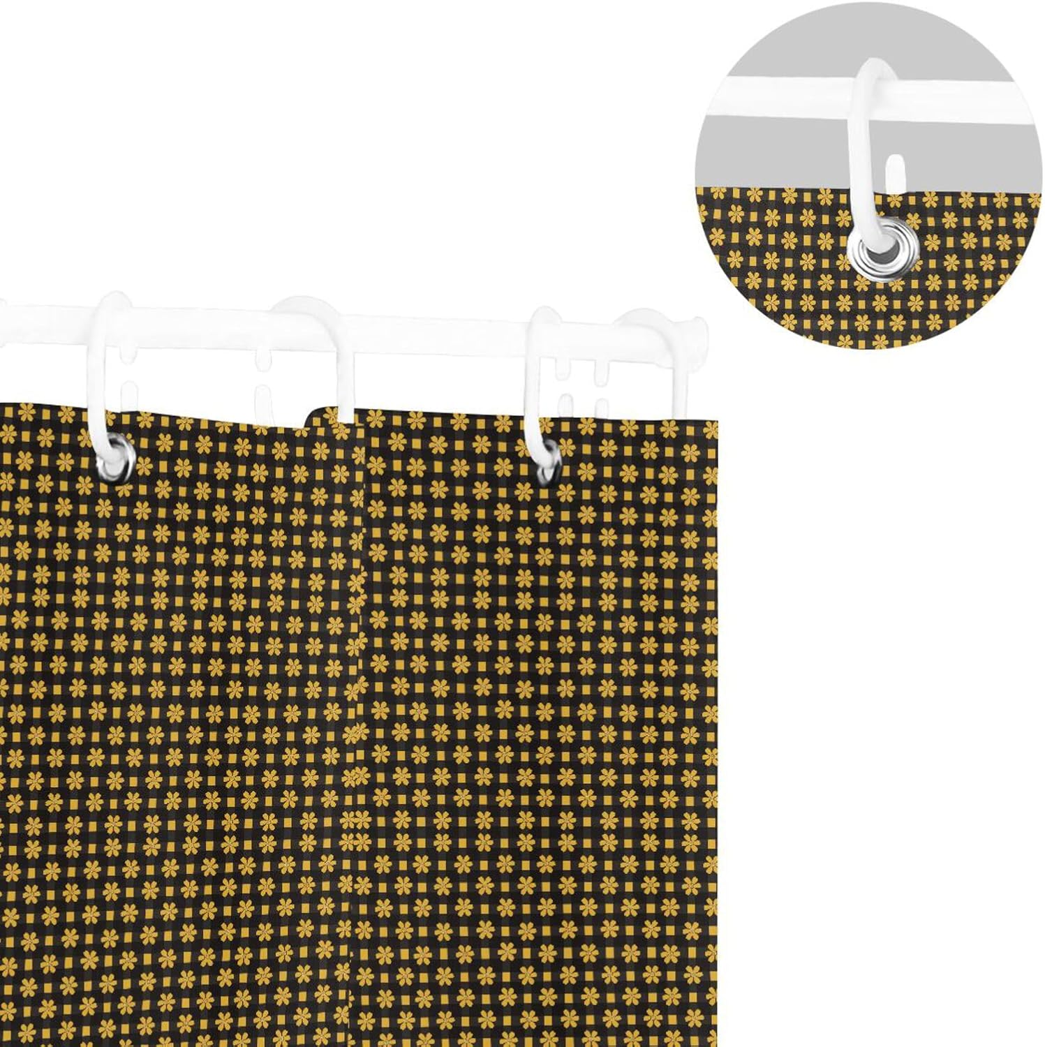 66x72 Inch Fabric Waterproof Bathroom Curtains Shower with Hook Black and Yellow Checkered Pattern Flowers Polyester Cloth Washable Tub Curtain Liner for Bathtub