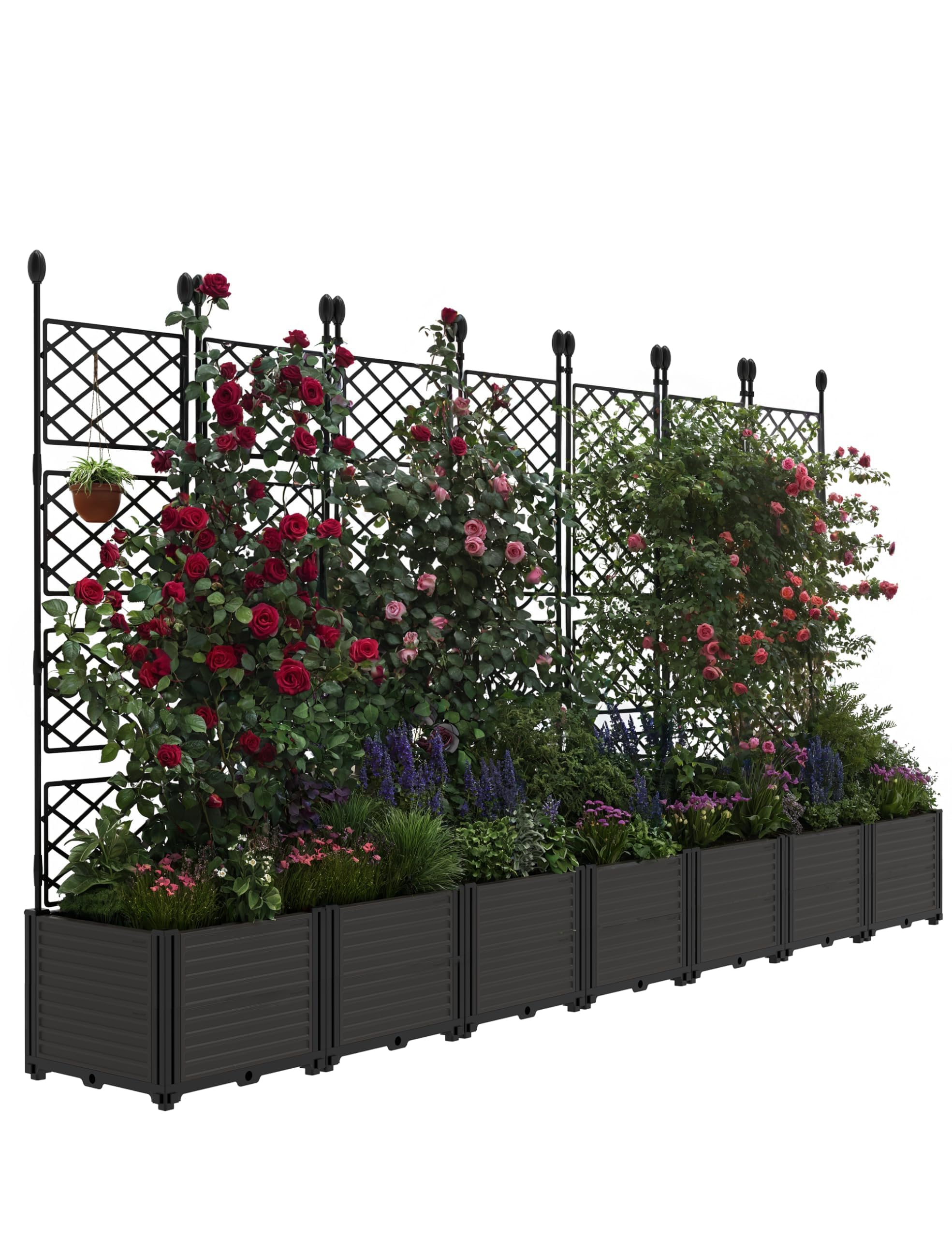 Planter with Metal Trellis, 7 Pack Raised Garden Bed with Privacy Panel, Outdoor Planter Box Kit with Drainage Holes for Climbing Plants Flowers Vegetables Herbs for Garden Patio Yard 294Wx160H cmPlan