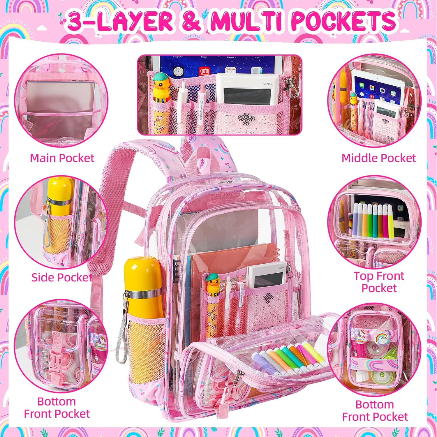 Clear Backpack for School, 17 inch Heavy Duty PVC Transparent Bag, Cute See Through Bookbag with Pencil Case for Stadium Approved Women Girls Teens - Image 4