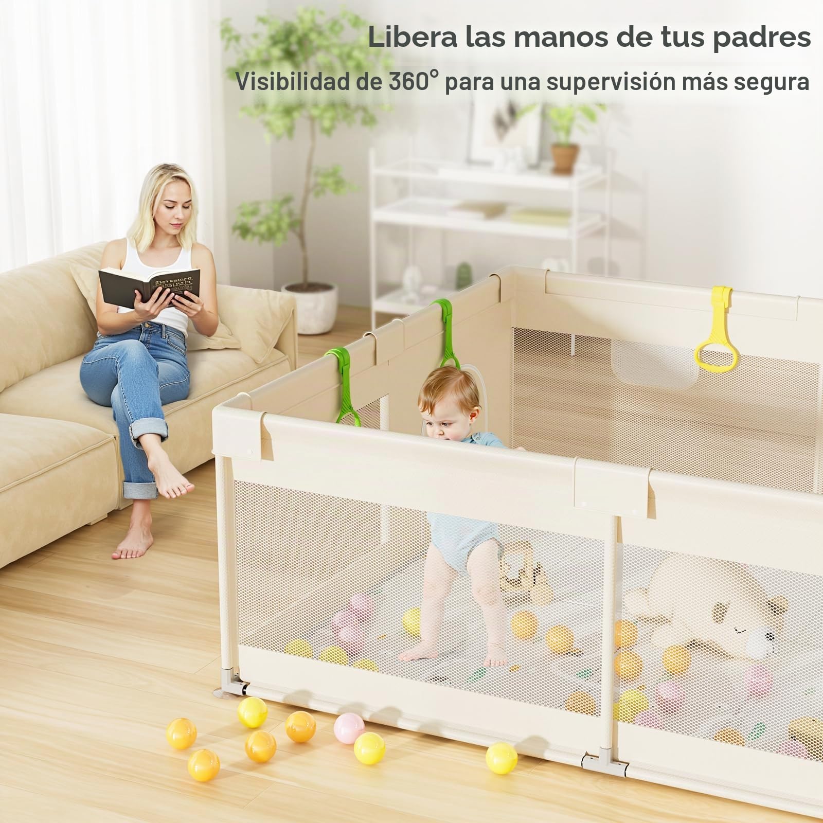 Parque infantil Bebe con Acolchado 150x180cm | Corralito Bebe con Suelo Acolchado, Base Estable, Tela Transpirable y Sin Toxicos Seguro, Beige